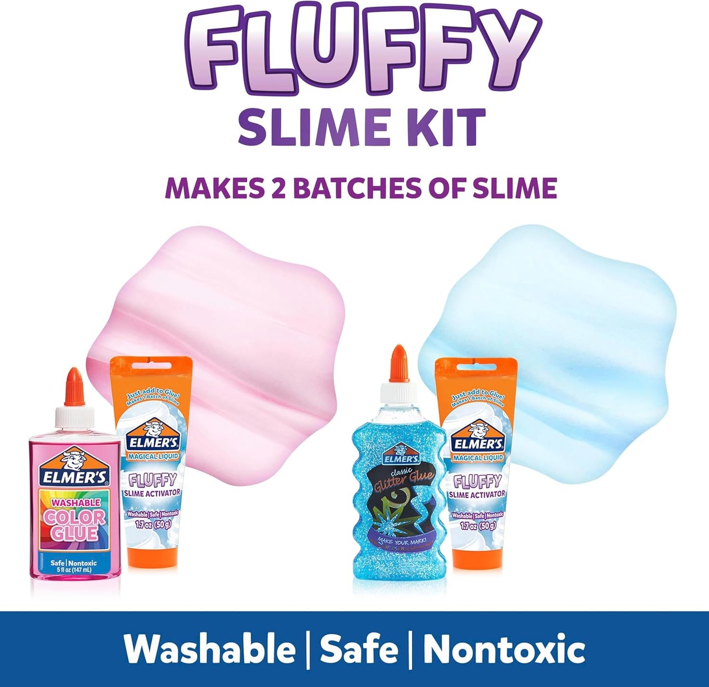HotElmer’s Fluffy Slime Kit, Includes Translucent Color Glue, Glitter Glue, Fluffy Slime Activator, 4 Count - Perfect for Birthday Parties, Summer Fun, Creative Kids Activity