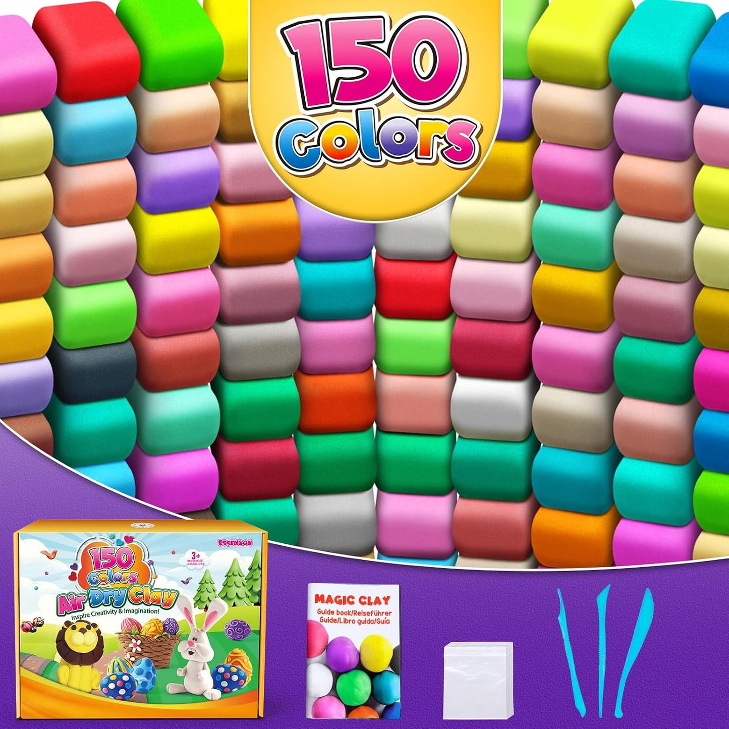 HotESSENSON Air Dry Clay 150 Colors, Modeling Clay for Kids | DIY Molding Magic Clay, Includes Tools, Toys Gifts for Age 3 4 5 6 7 8+ Years Old Boys Girls