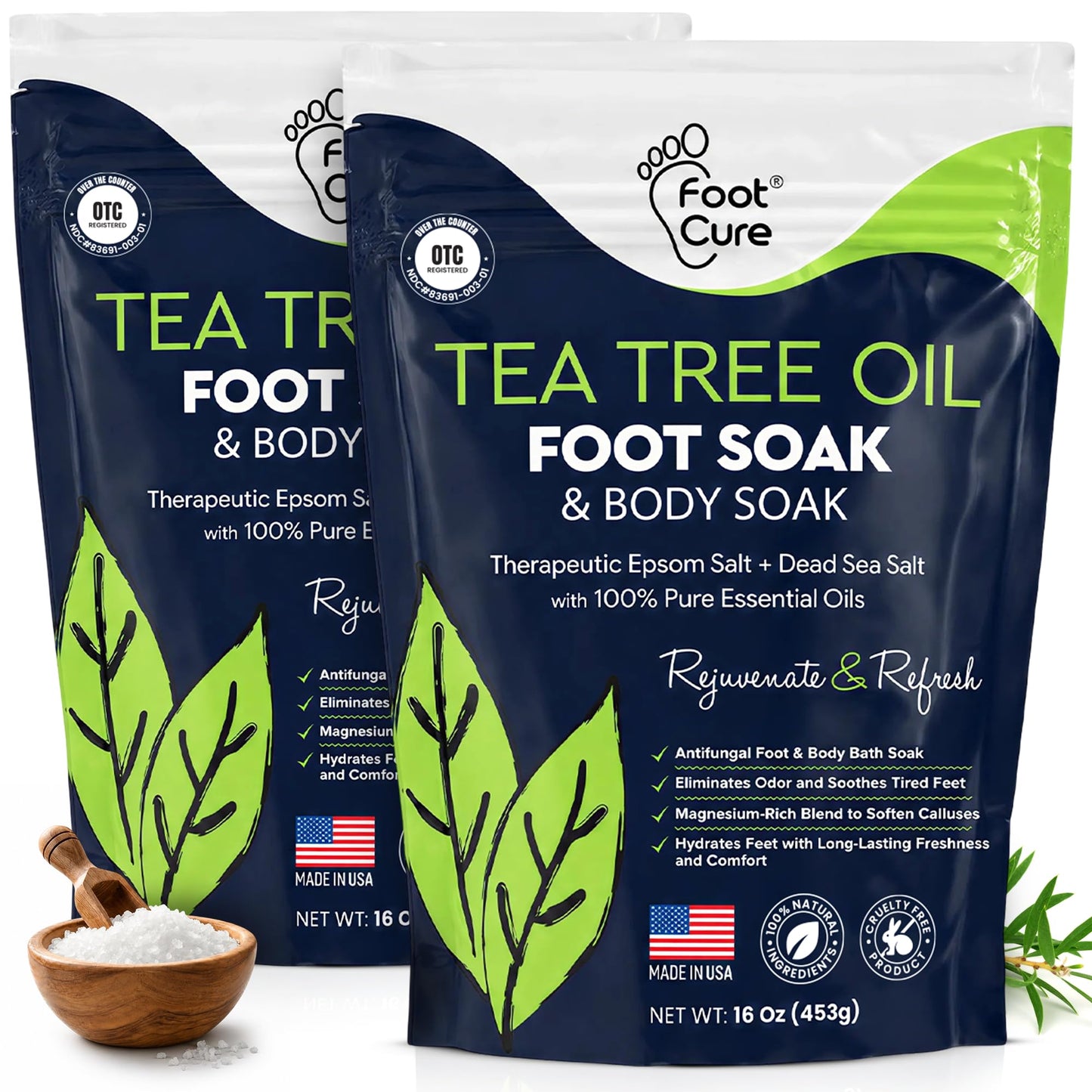 HotTea Tree Oil Foot Soak with Epsom Salt - For Toenail Repair, Athletes Foot, Softens Calluses, Soothes Sore & Tired Feet, Nail Discoloration, odor Scent, Spa Pedicure Care - Made in USA 16 oz
