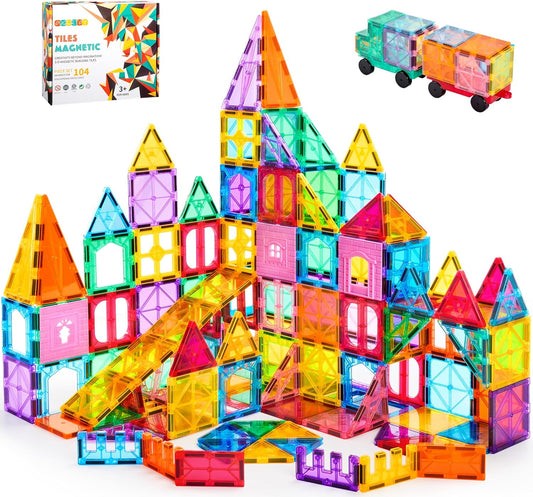 HotOugerToy 104PCS Magnetic Tiles STEM Building Blocks for Kids Ages 3-9, Educational Stacking Toys with Car Bases, Creative Construction Gift for Boys Girls