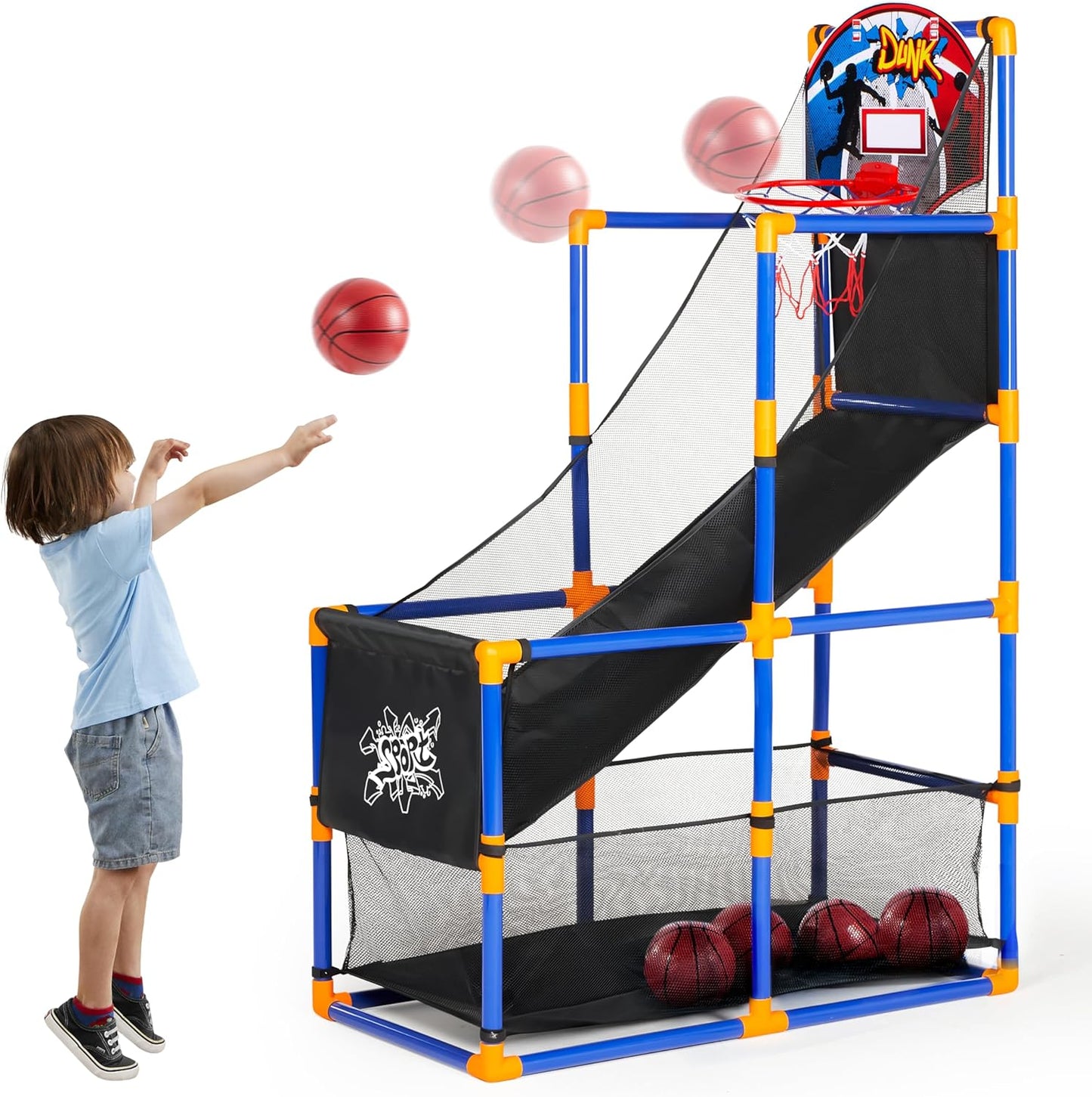HotJOYIN Arcade Basketball Game Set with 4 Balls and Hoop for Kids 3+ Years Old Indoor Outdoor Sport Play - Easy Set Up - Air Pump Included - Ideal for Competition