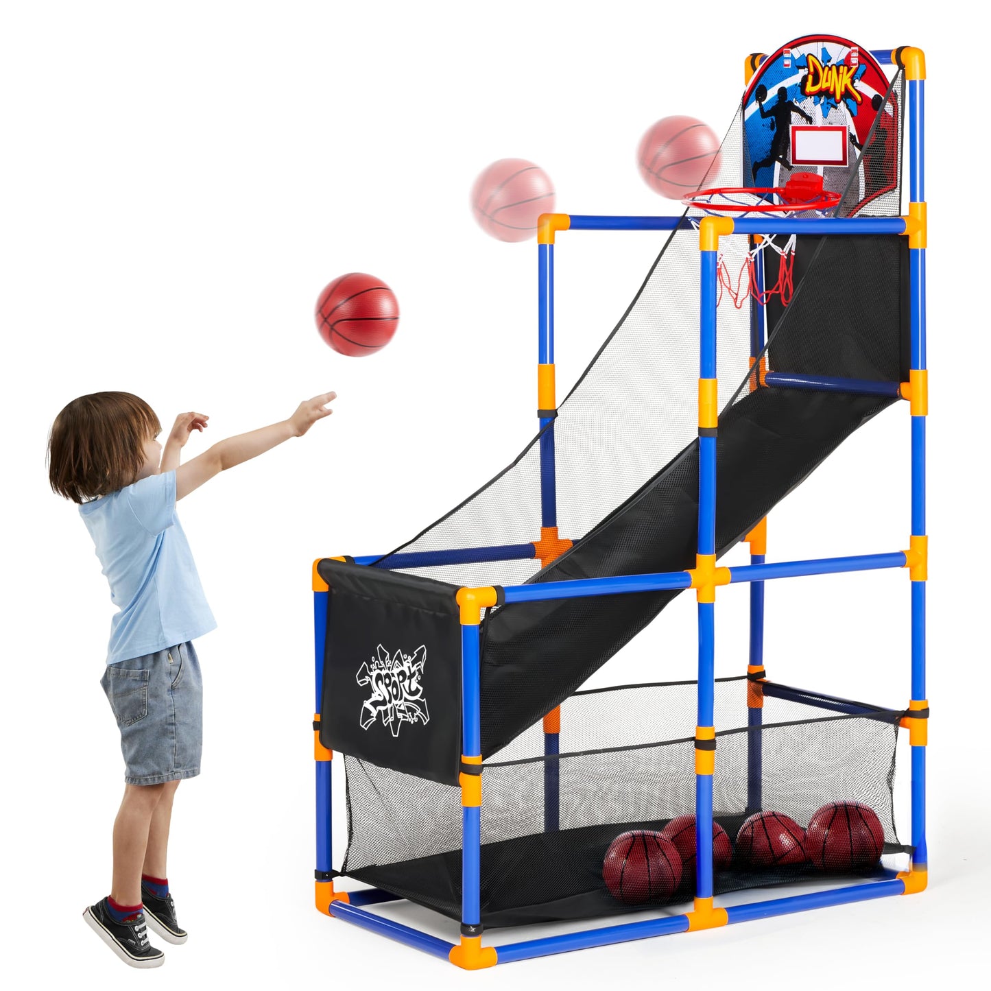 HotJOYIN Arcade Basketball Game Set with 4 Balls and Hoop for Kids 3+ Years Old Indoor Outdoor Sport Play - Easy Set Up - Air Pump Included - Ideal for Competition