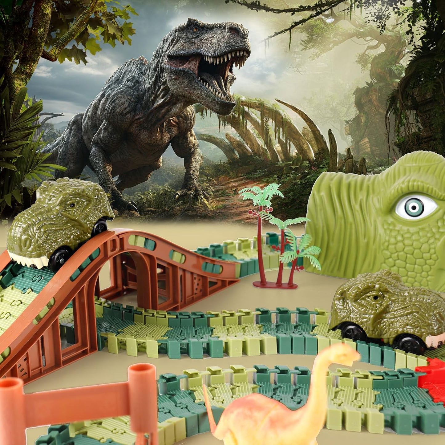 Hot GIAT Dinosaur Track Toys - Best Birthday Gifts for 3 4 5 6 7 Year Old Boys Girls, Dinosaur Race Car Track with Light & Sound, Create A Dinosaur World Road Race