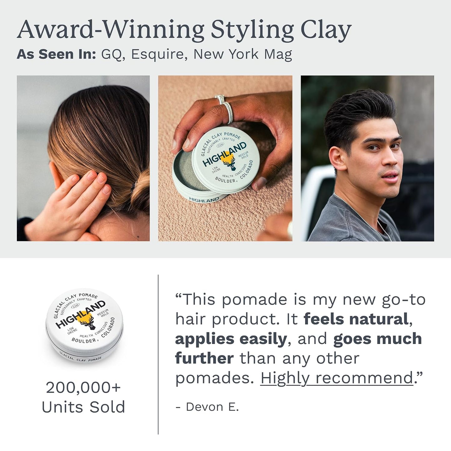 HotHighland Glacial Hair Clay Pomade - Award winning hair styling clay for men and women made with 100% all natural and organic ingredients that promote hair and scalp health. Low shine, Medium Hold.
