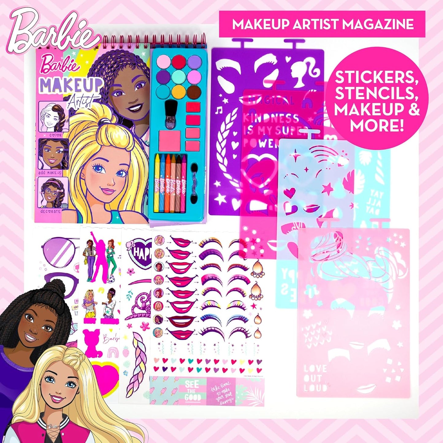HotHorizon Group USA Barbie Magazine - Create Hair & Makeup Looks with 130+ Stencils, 180+ Stickers, Crayons & Pretend Makeup