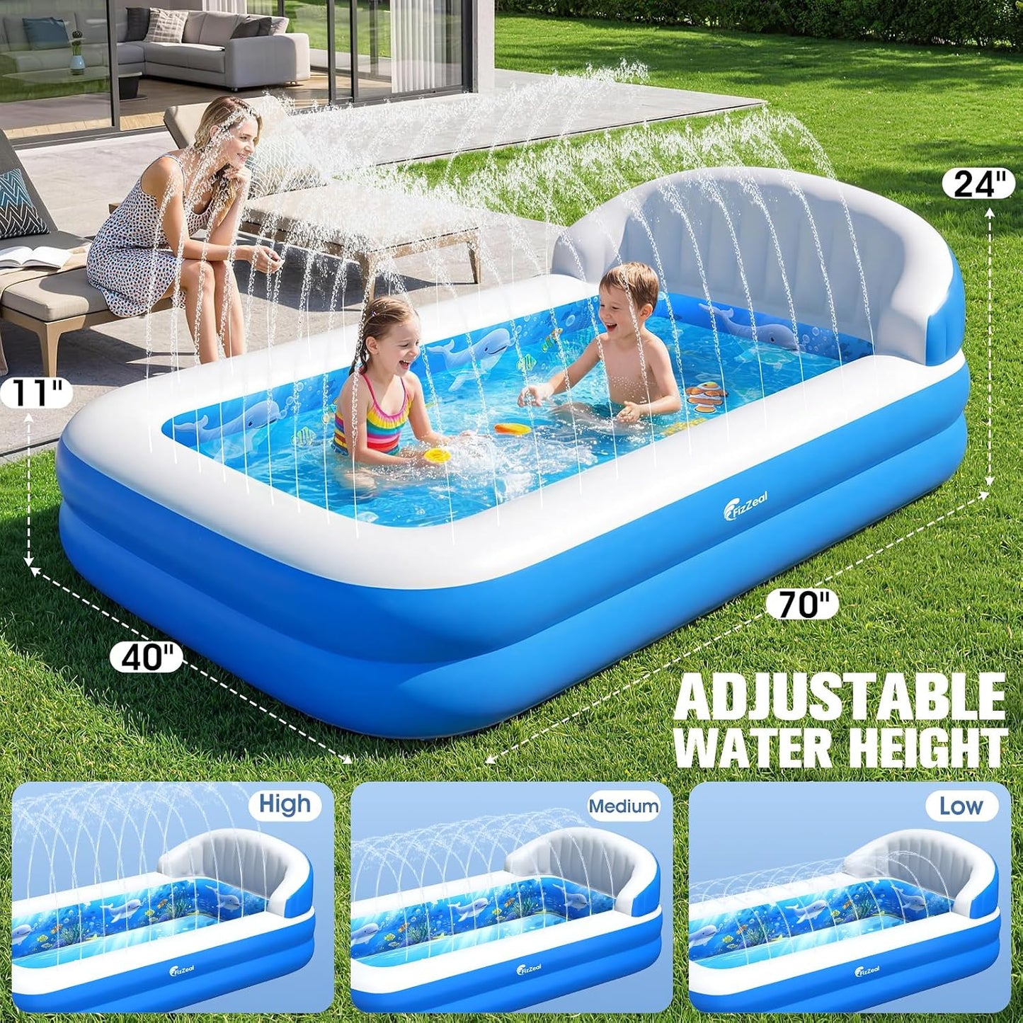 Hot FizZeal Kiddies Pool,Inflatable Pool with Sprinkler,Inflatable Pools with Big Backrest for Toddlers,Rectangle Kids Pool Backyard,Kids Swimming Pool,Small Inflatable Pool, Outdoor Water Pool for Kids