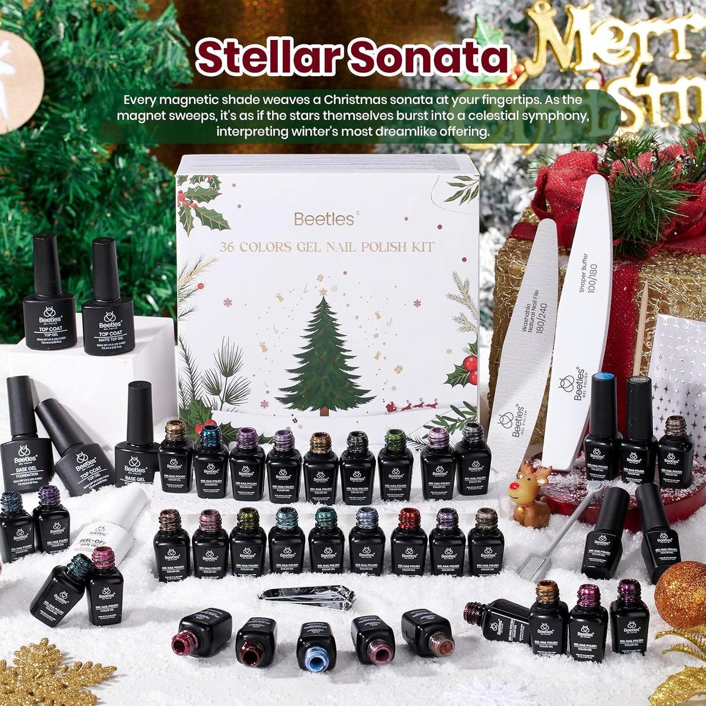 HotBeetles Stellar Sonata Cat Eye Gel Nail Polish Set - 36 Colors Christmas Gel Nail Kit Magnetic Red Green Purple Brown Burgundy Base Glossy Matte Top Coat Soak off UV Salon Nail Art Gift for Women
