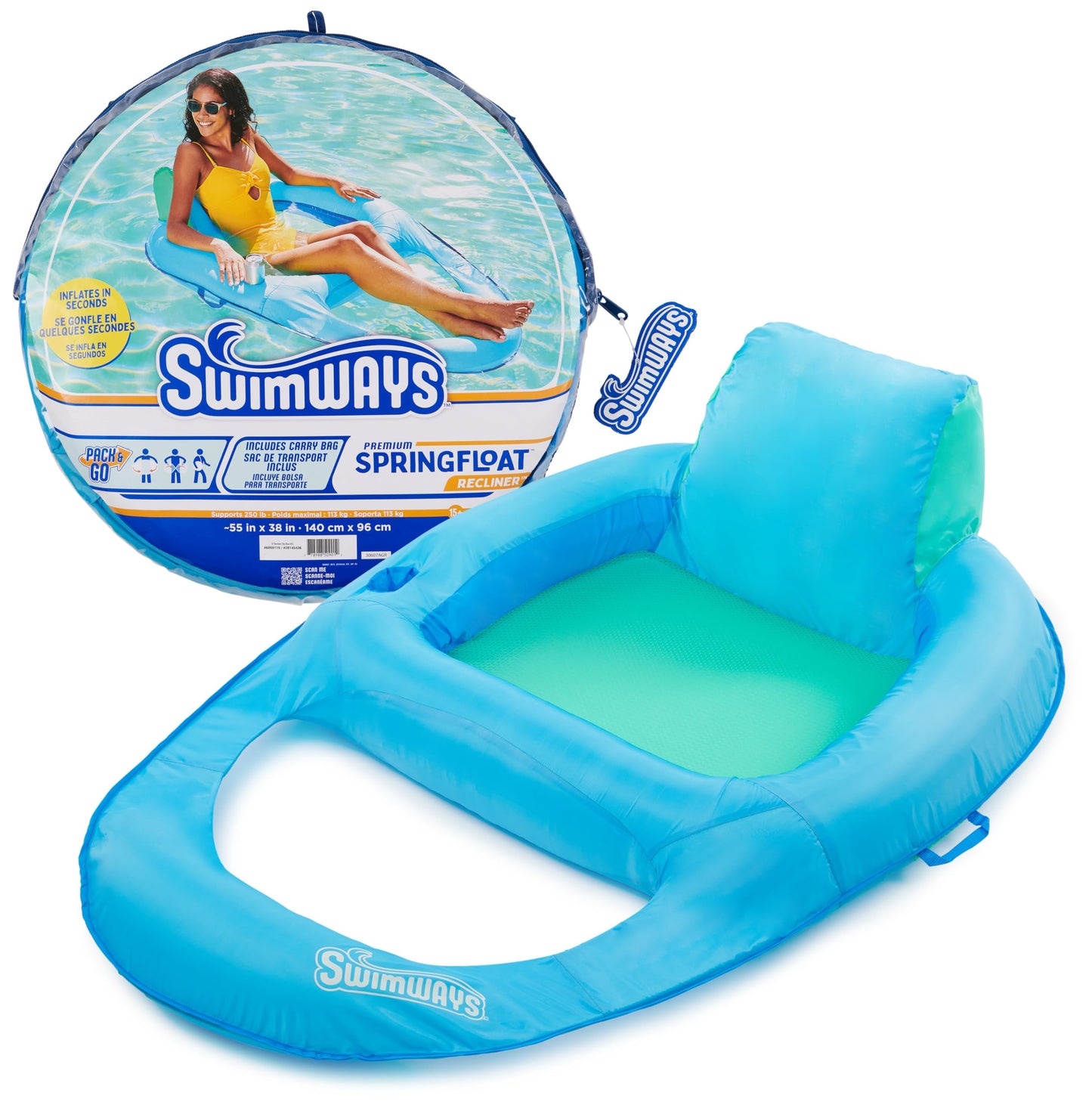 HotSwimWays Spring Float XL Recliner Chair for Swimming Pool, Inflatable Pool Floats for Adults and Teens with Fast Inflation, Cup Holder & Foot Rest, Supports Up to 250 lbs.