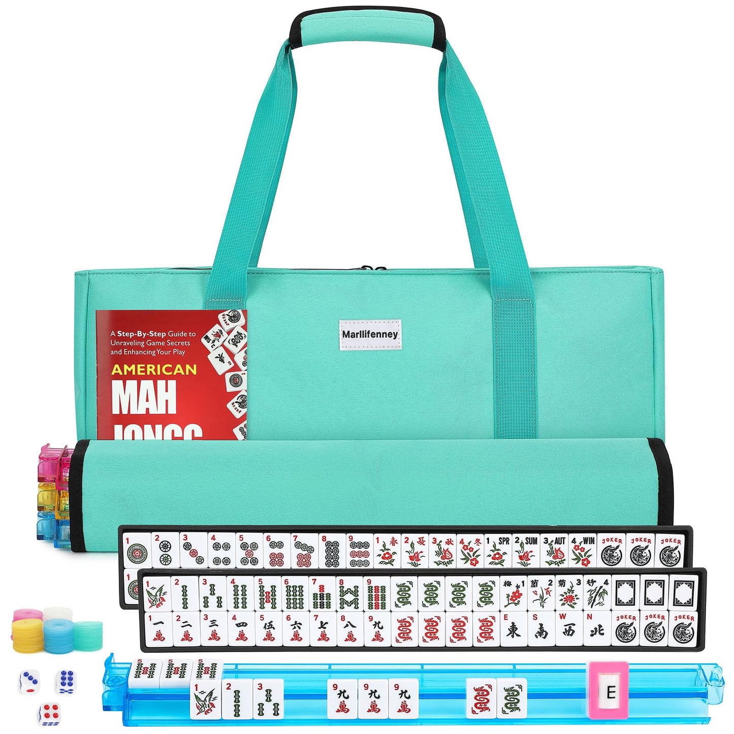 Hot American Mahjong Tile Set,166 White Tiles Mahjong Set,4 Colors Mahjong Racks,Travel Mahjong Set with Blue Carrying Bag