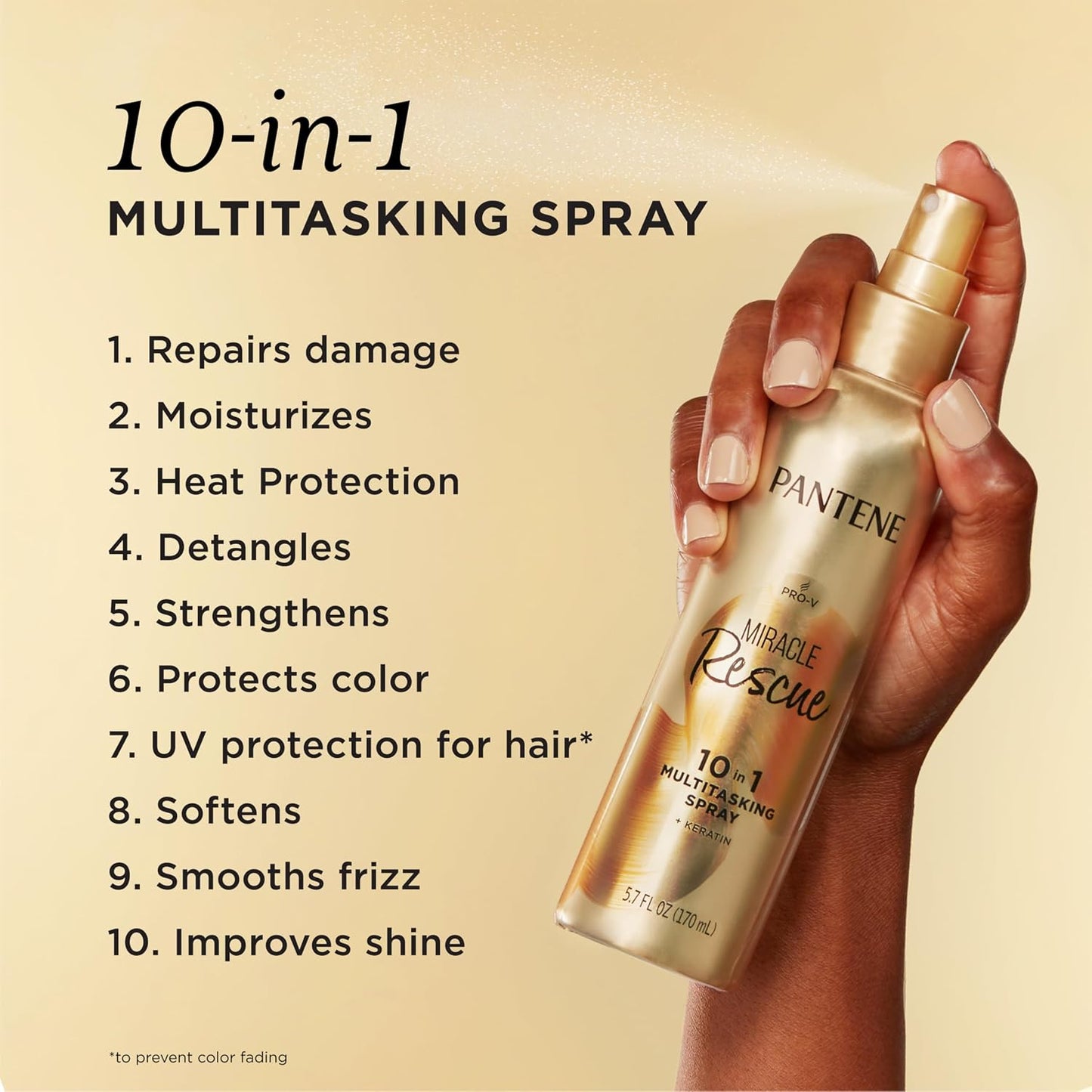 HotPantene Miracle Rescue 10in1 Multitasking Spray - Heat Protection, Detangles, Repairs Damaged, Dry Hair, Improves Shine, Leave-In Conditioning Treatment with Keratin and Pro-Vitamin B5, 5.7 oz
