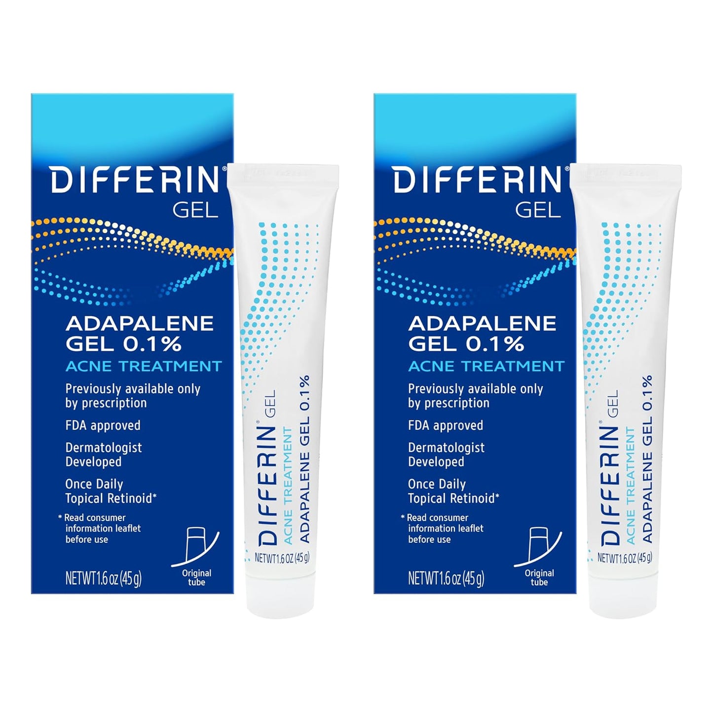 HotDifferin Acne Treatment Gel, 60 Day Supply, Retinoid Treatment for Face with 0.1% Adapalene, Gentle Skin Care for Acne Prone Sensitive Skin, 15g Tube (Pack of 2) (Packaging May Vary) | Pack Of 2, 60-Day Supply, OTC Retinoid, Clears Breakouts, Gentle On