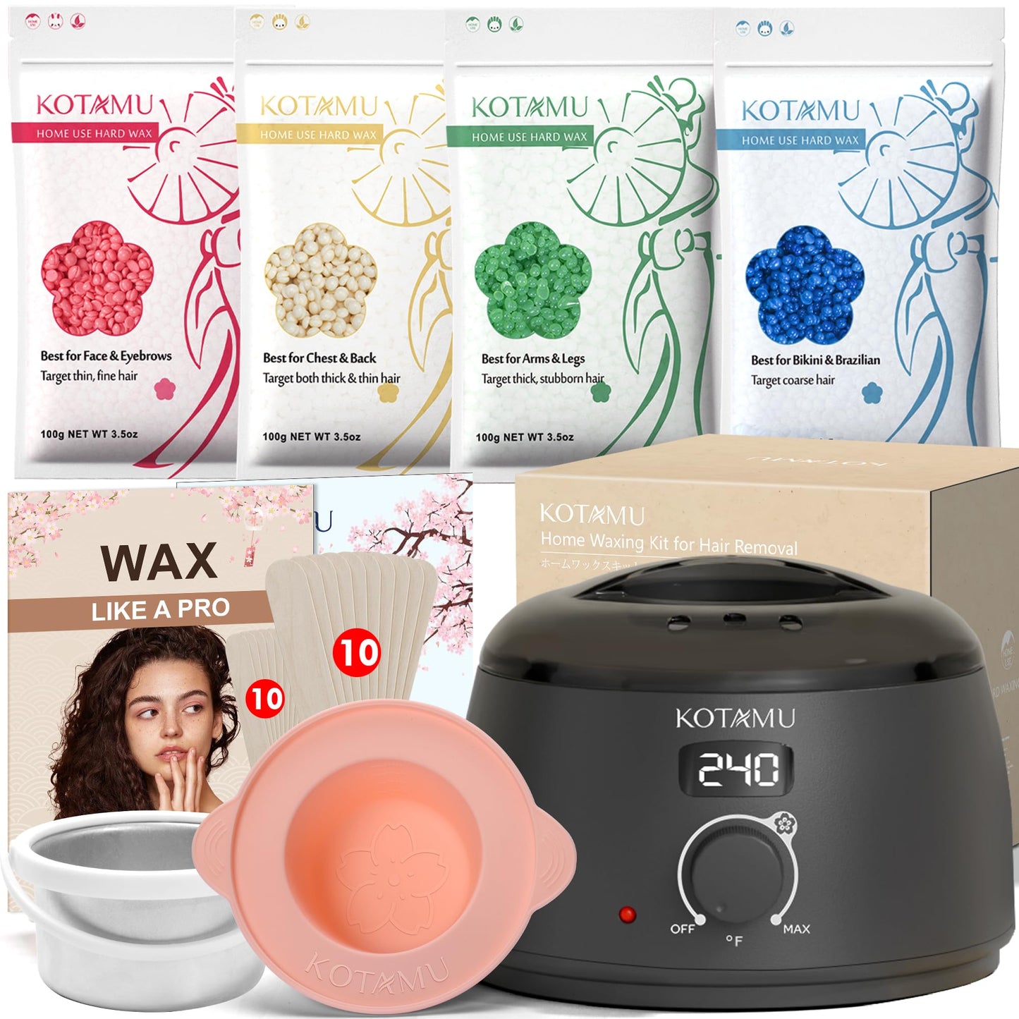 HotKOTAMU Waxing Kit for Women & Men, Pink Digital Wax Pot Warmer Hair Removal | Home Hard Wax Kit, Wax Machine, Face, Eyebrow, Bikini, Brazilian, Body, Sensitive Skin, 25 Accessories, Beginner-Friendly