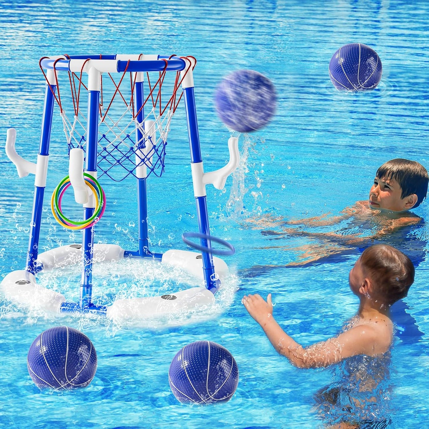 Hot 2-in-1 Pool Basketball Hoop & Ring Games with 4 Balls 12 Rings and Pump, Summer Water Outdoor Party Swimming Pool Toys Games for Kids Ages 4-8 8-12 Adult, Family Water Party Birthday Games Toys