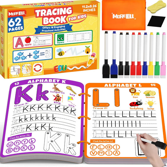 Hot Preschool Learning Activities Educational Workbook, 62 Reusable Pages Pre Kindergarten Workbooks, Number Letter Tracing Books for Kids, Autism Learning Materials, ABC Busy Book for Kids Ages 3-7