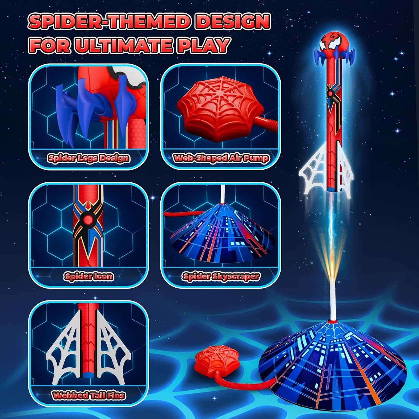 Hot Spider Rocket Launcher for Kids, 4 Rockets with Web Air Pump, Stomping Launch Toys, Outdoor Spider Toys Gifts for 3-10 Year Old Boys & Girls