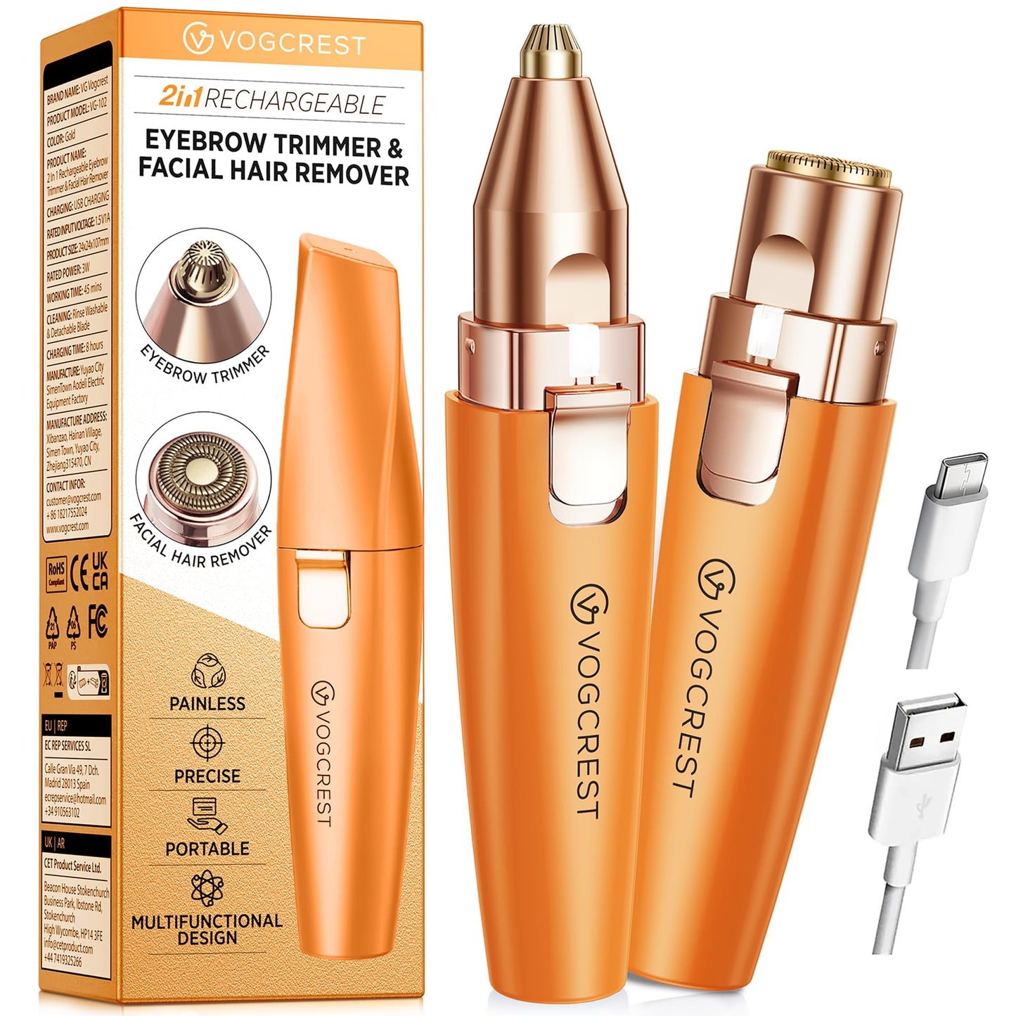HotVG VOGCREST Eyebrow & Facial Trimmer: 2 in1 Rechargeable Facial Hair Removal & Eyebrow Shaver - Body Razor with Built-in LED Light (Rose Gold)