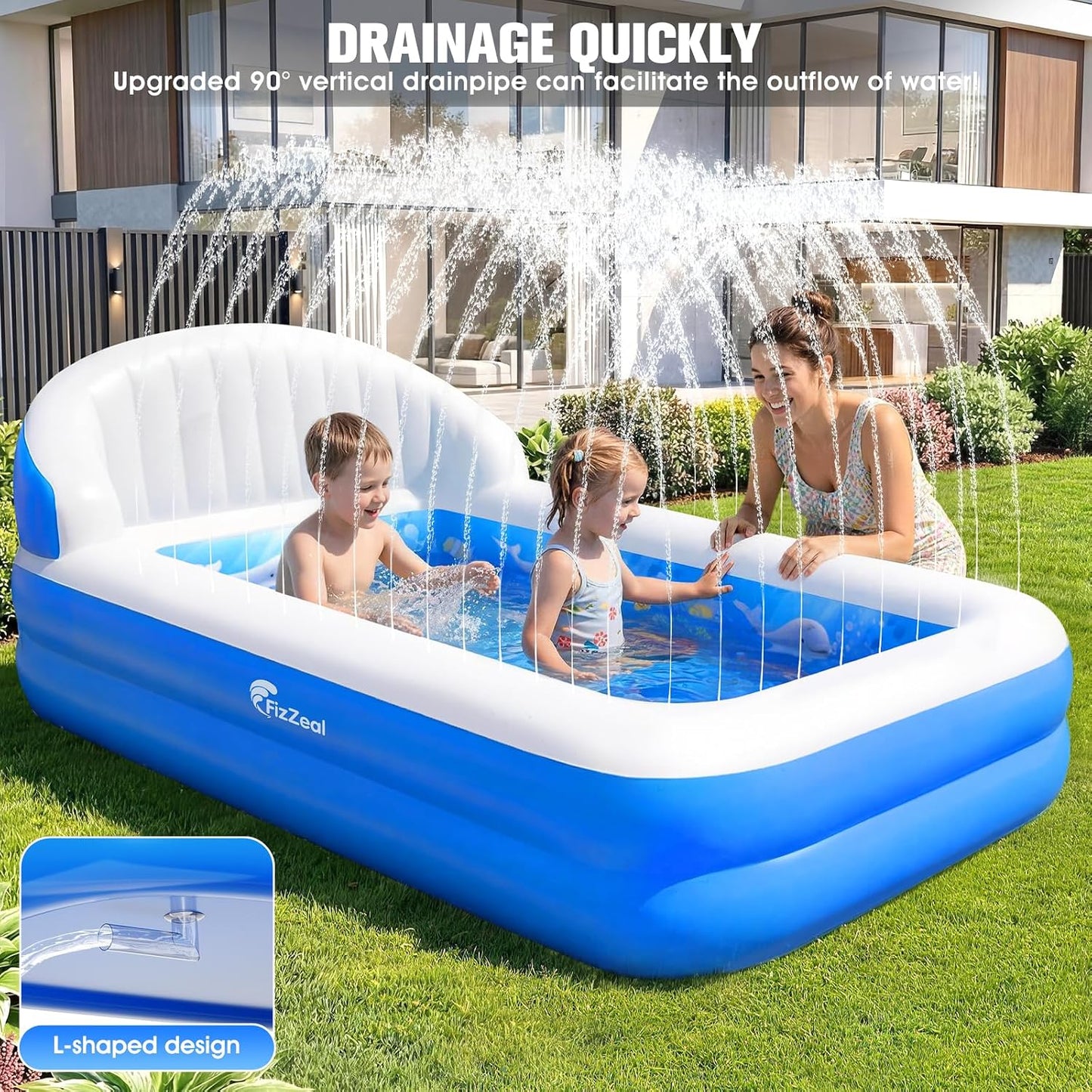 Hot FizZeal Kiddies Pool,Inflatable Pool with Sprinkler,Inflatable Pools with Big Backrest for Toddlers,Rectangle Kids Pool Backyard,Kids Swimming Pool,Small Inflatable Pool, Outdoor Water Pool for Kids
