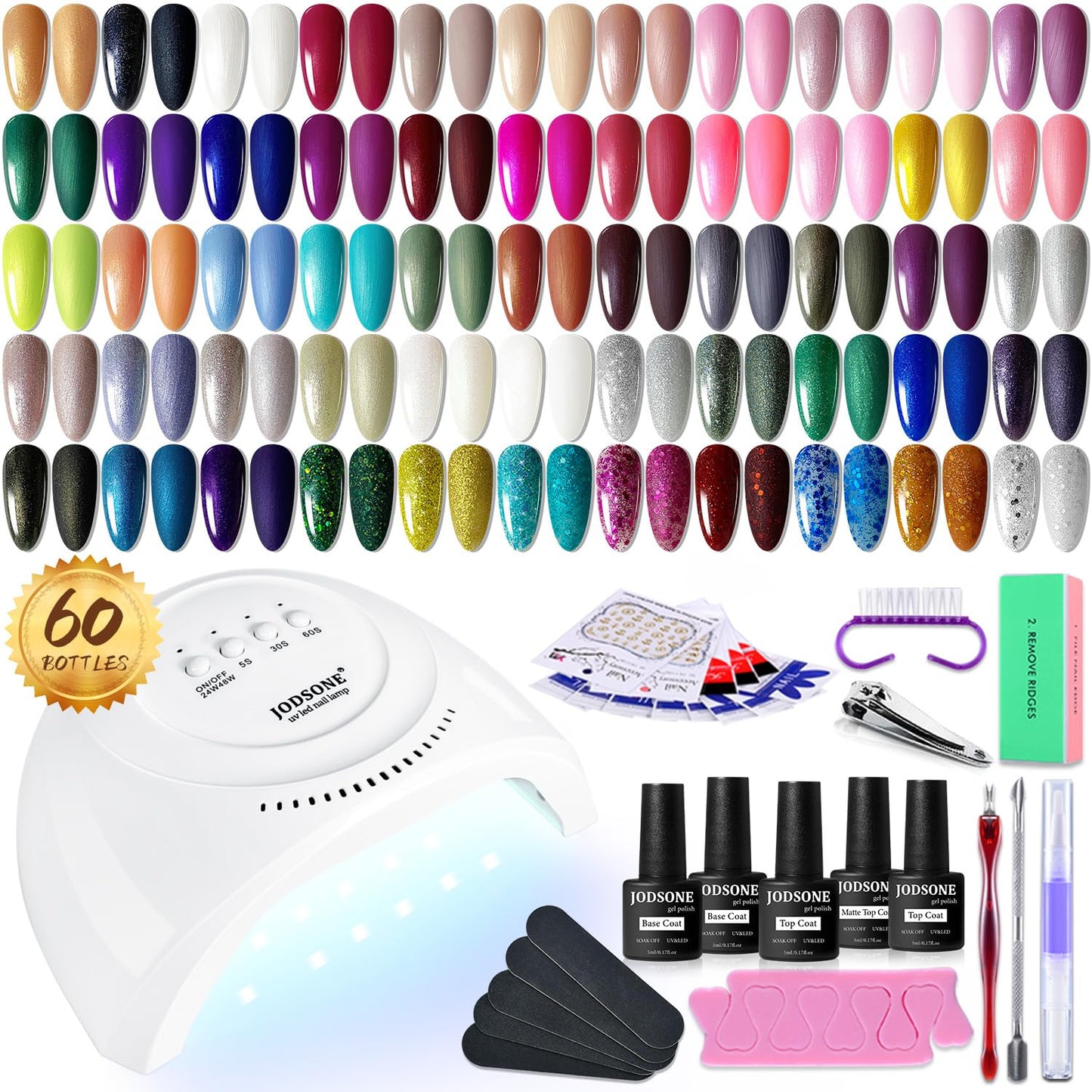 HotJODSONE Gel Nail Polish Kit 60 PCS with U V Light Soak off Base Top Coat 55 Shine Colors Gel Nail Kit Bright and Dark Brown Wine Red Series Manicure Set for Women and Girls