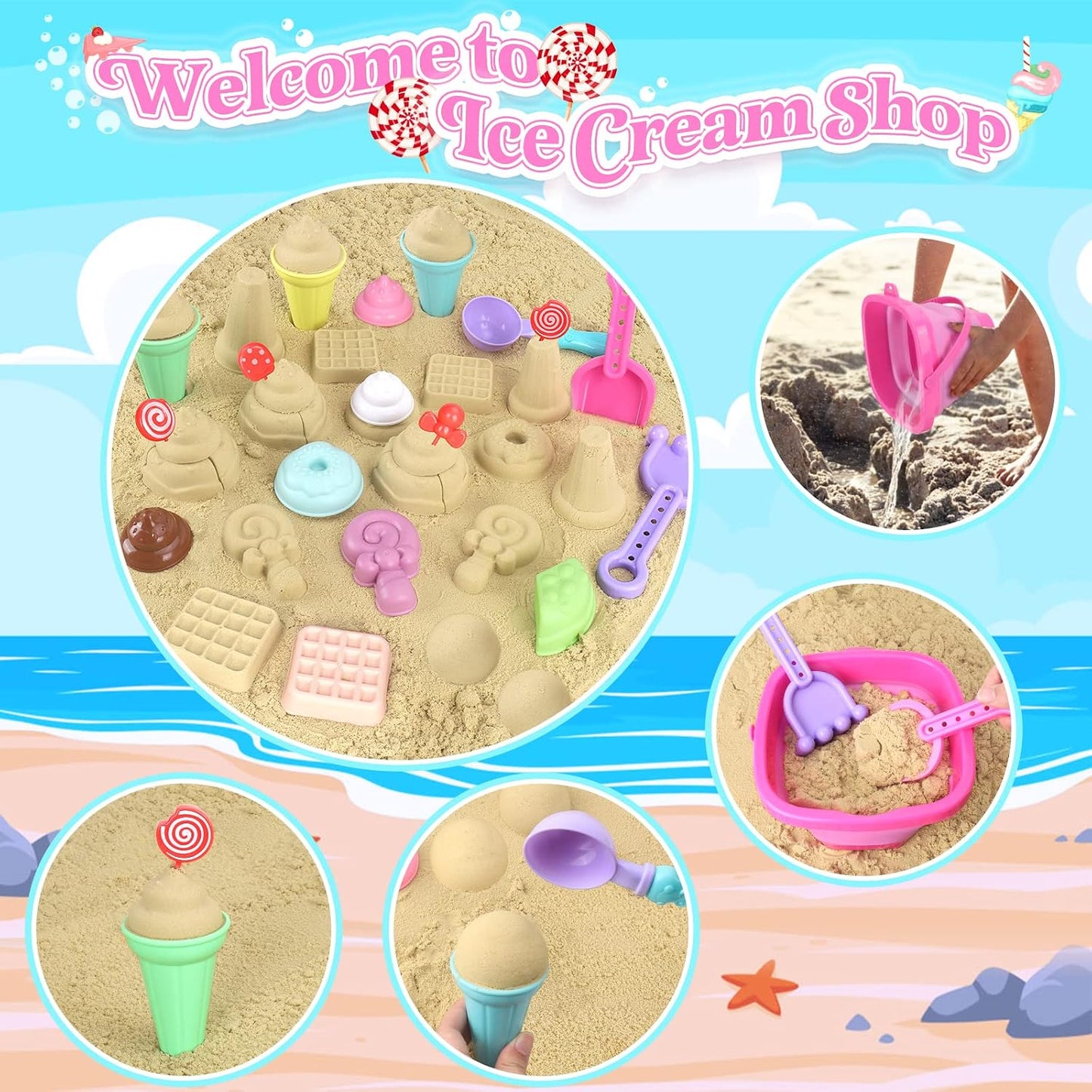 HotCollapsible Beach Toys Set for Kids Toddlers Girls, Collapsible Sand Bucket and Shovels Set with Mesh Bag & Sand Molds, Ice Cream Travel Sand Toys for Beach, Sandbox Toys for Toddlers Kids Age 3-10