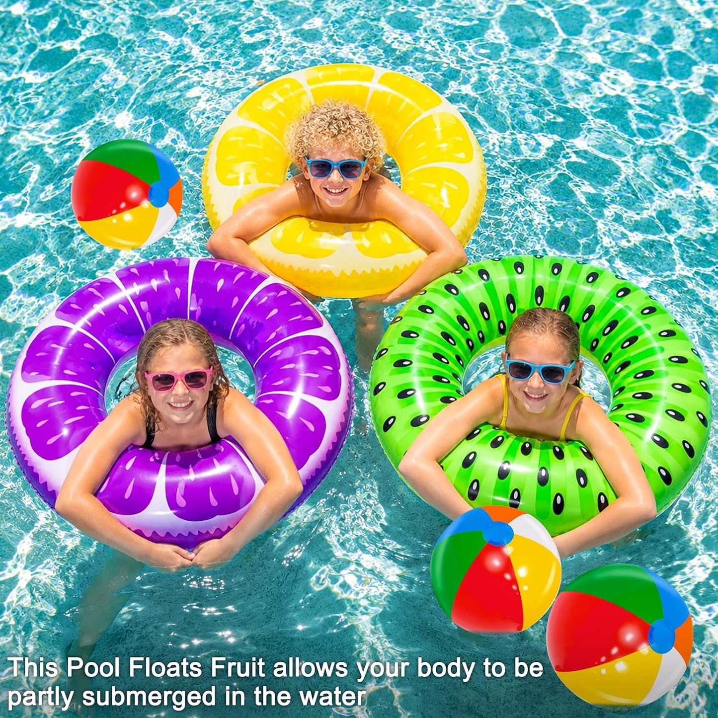 Hot 6 Pack Inflatable Pool Floats, 3 Pcs Inflatable Fruits Swim Tubes Rings & 3 Pcs Rainbow Beach Ball, Summer Pool Floaties for Kids Teens Adults Swimming Float Toy Hawaiian Party Beach Water Fun Game