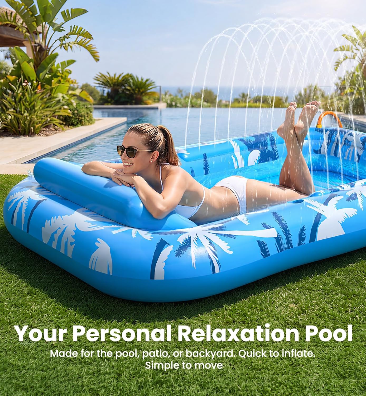 HotInflatable Tanning Pool Lounger Float with Sprinkler, X-Large Pool Floats with Auto Spray Cooling, 6 in 1 Sunbathing Lounge Floatie Raft Toys, Blow Up Pool Tanning Bed for Adults Kids Gifts