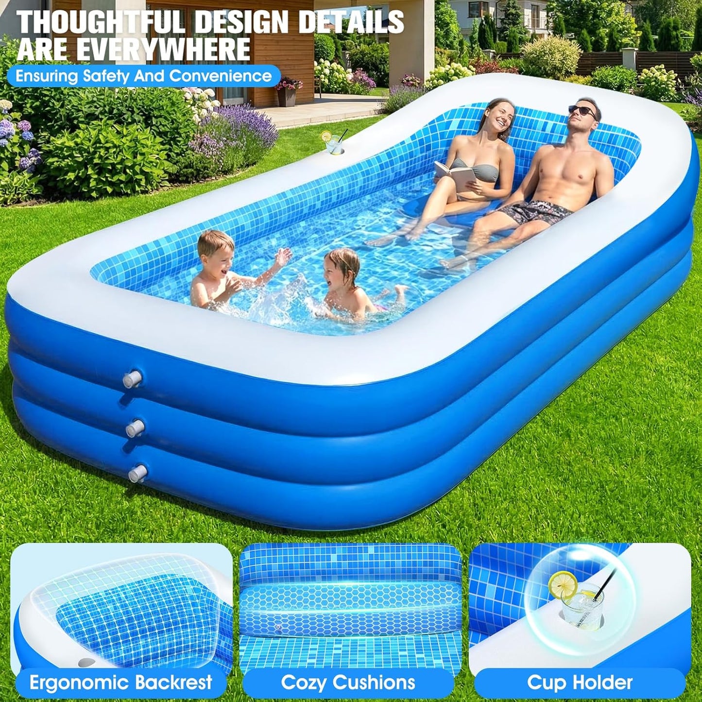 Hot 2026 Inflatable Pool with Canopy,Upgraded Blow Up Pool for Adults&Kids,Large Inflatable Pool with Seat and Big Backrest,Kiddie Pool with Shade,Kid Swimming Pool for Backyard 110"x63"x20"Blue