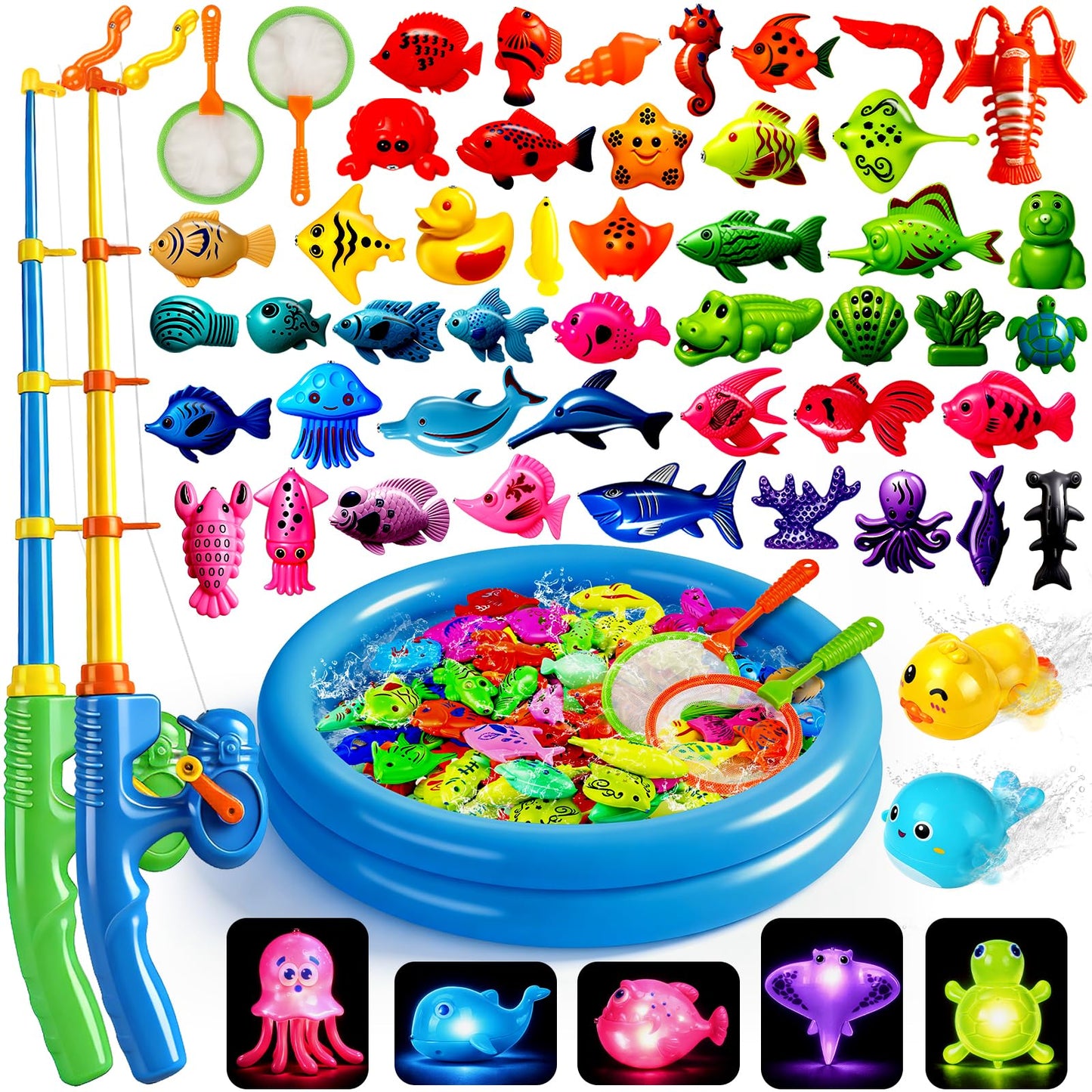 HotCozyBomB™ Magnetic Fishing Toys Game Set for Kids | Water Table Bathtub Kiddie Pool Party Pole Rod Net, Outdoor Plastic Floating Fish, Toddler Bath Color Ocean Sea Animals Birthday Gift Age 3-5 6 4-8