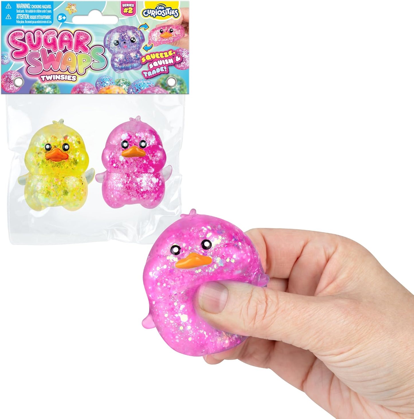 Hot ORB Curiosities Duck and Babies Sugar Swaps 2 Pack - 4 Sparkly Sugar Duck and Baby Squishy Toys to Stretch, Squeeze, Collect, and Trade - Fun Stress Relief, Sensory and Fidget Toys for Kids and Adults