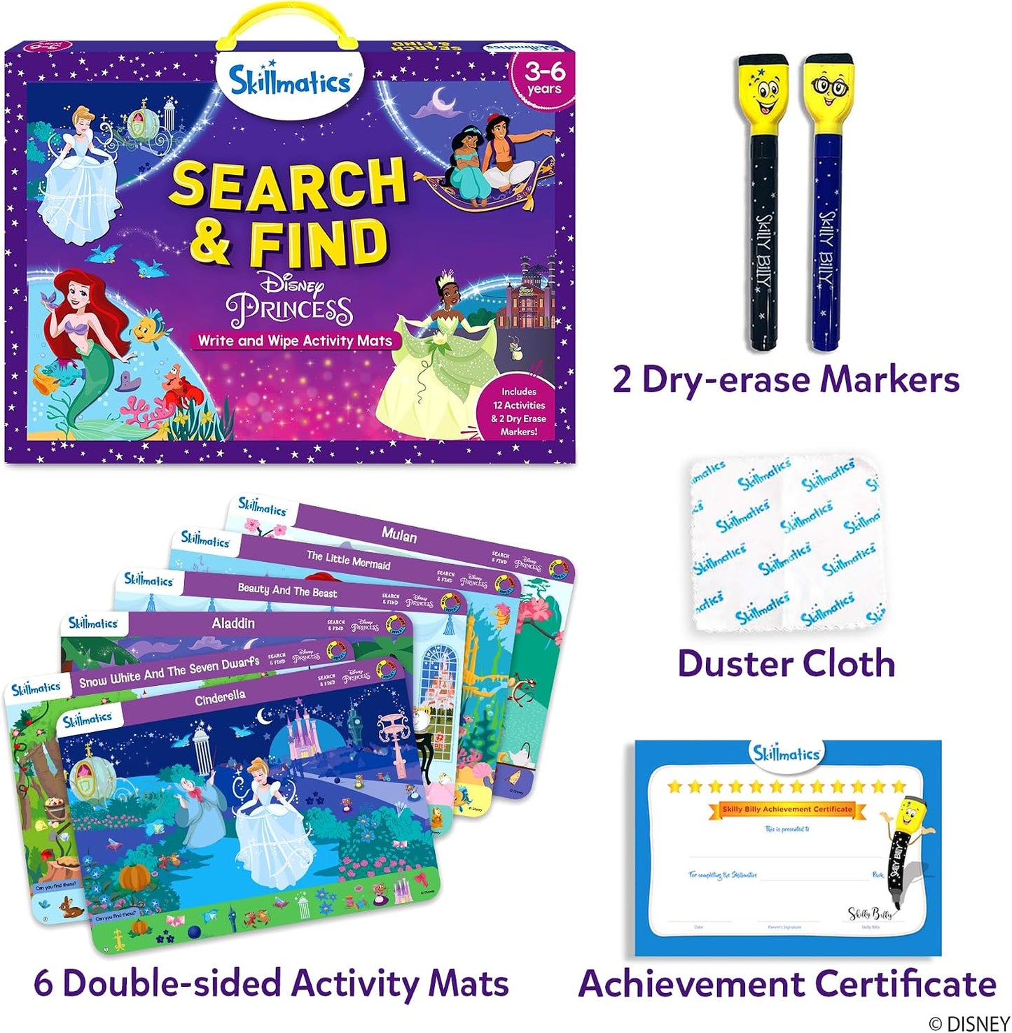 HotSkillmatics Search and Find – Disney Princess, Reusable Educational Game | Reusable Preschool Learning Activity for Toddlers & Kids, Screen-Free Fun, Art & Crafts, Gifts for Boys & Girls Ages 3–6