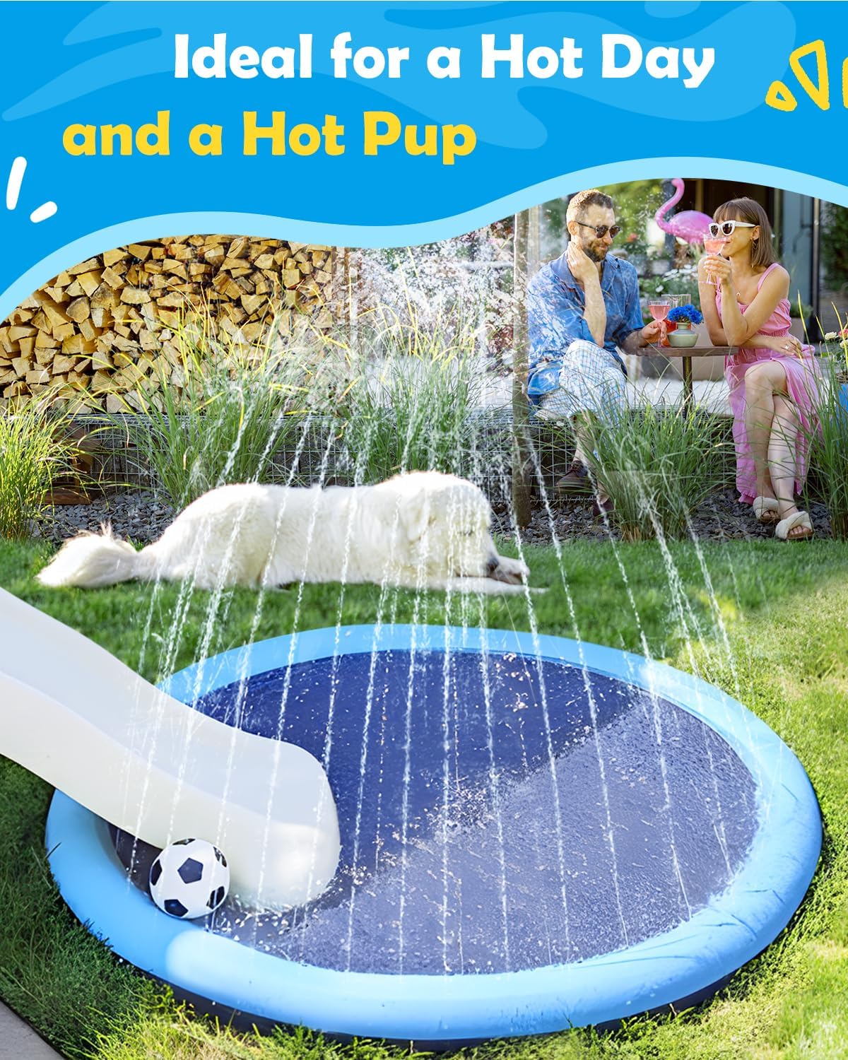 Hot Peteast Splash Pad for Dogs & Kids - Anti-Slip Dog Pool for Large Dogs, 0.58 mm Thickened Durable Outdoor Water Play Mat, Summer Sprinkler Toy for Backyard (51inch)