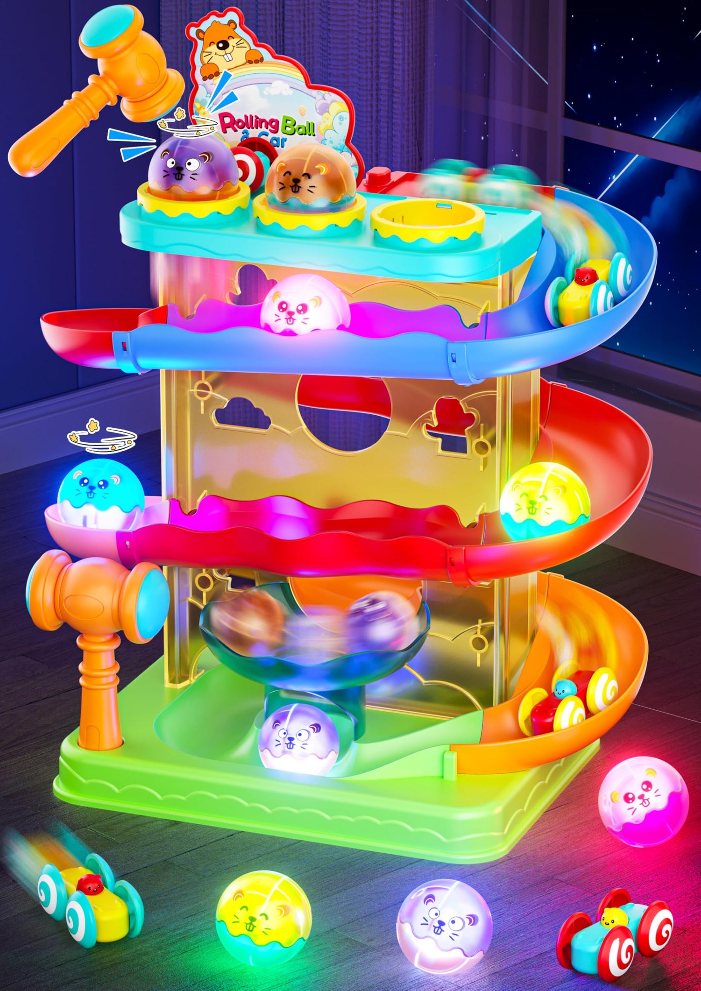 Hot2-in-1 Rolling Ball & Car Ramp Race Track for Toddlers, Hammer Ball Drop Toy for Boys & Girls, Interactive Playset w/Sensor Lights - Montessori STEM Learning Toys for Kids 1-5+ Year Old