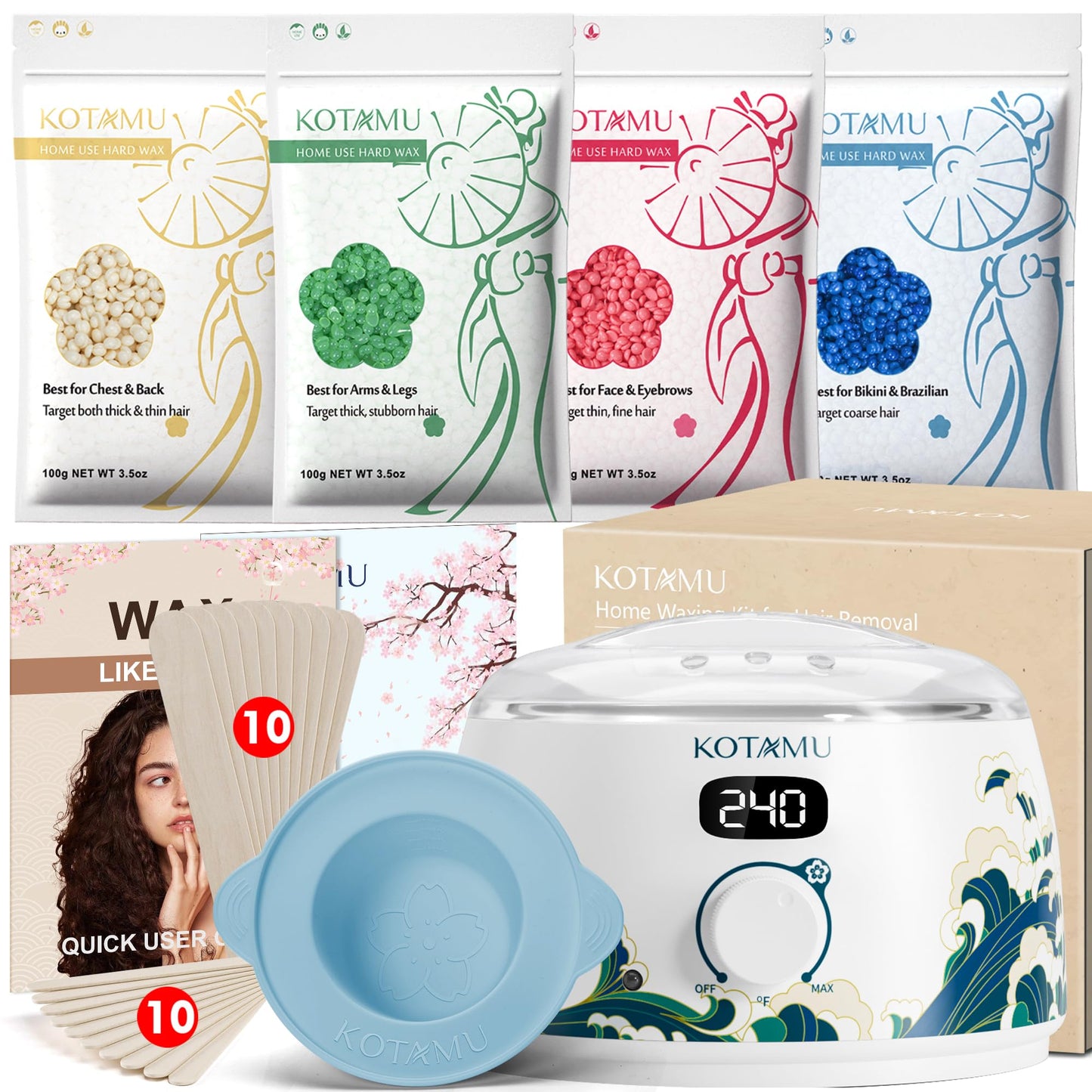 HotKOTAMU Waxing Kit for Women & Men, Pink Digital Wax Pot Warmer Hair Removal | Home Hard Wax Kit, Wax Machine, Face, Eyebrow, Bikini, Brazilian, Body, Sensitive Skin, 25 Accessories, Beginner-Friendly