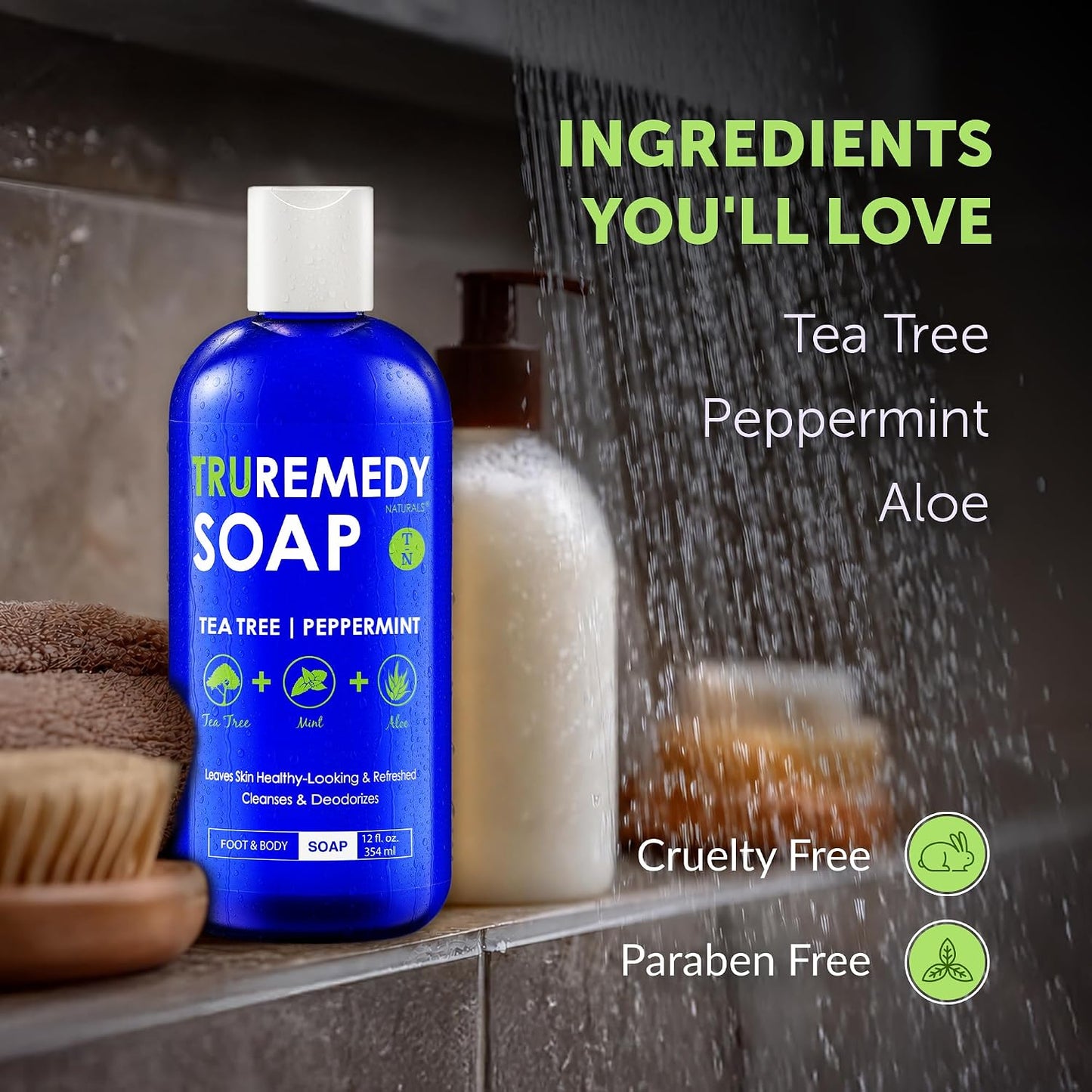 HotTruremedy Naturals 12 oz Tea Tree Oil Body Wash - Invigorating Tea Tree Soap with Peppermint, Aloe, Eucalyptus, Coconut and Olive Oil - Refreshing Body Wash for Men and Women - Shower Gel Cleanser