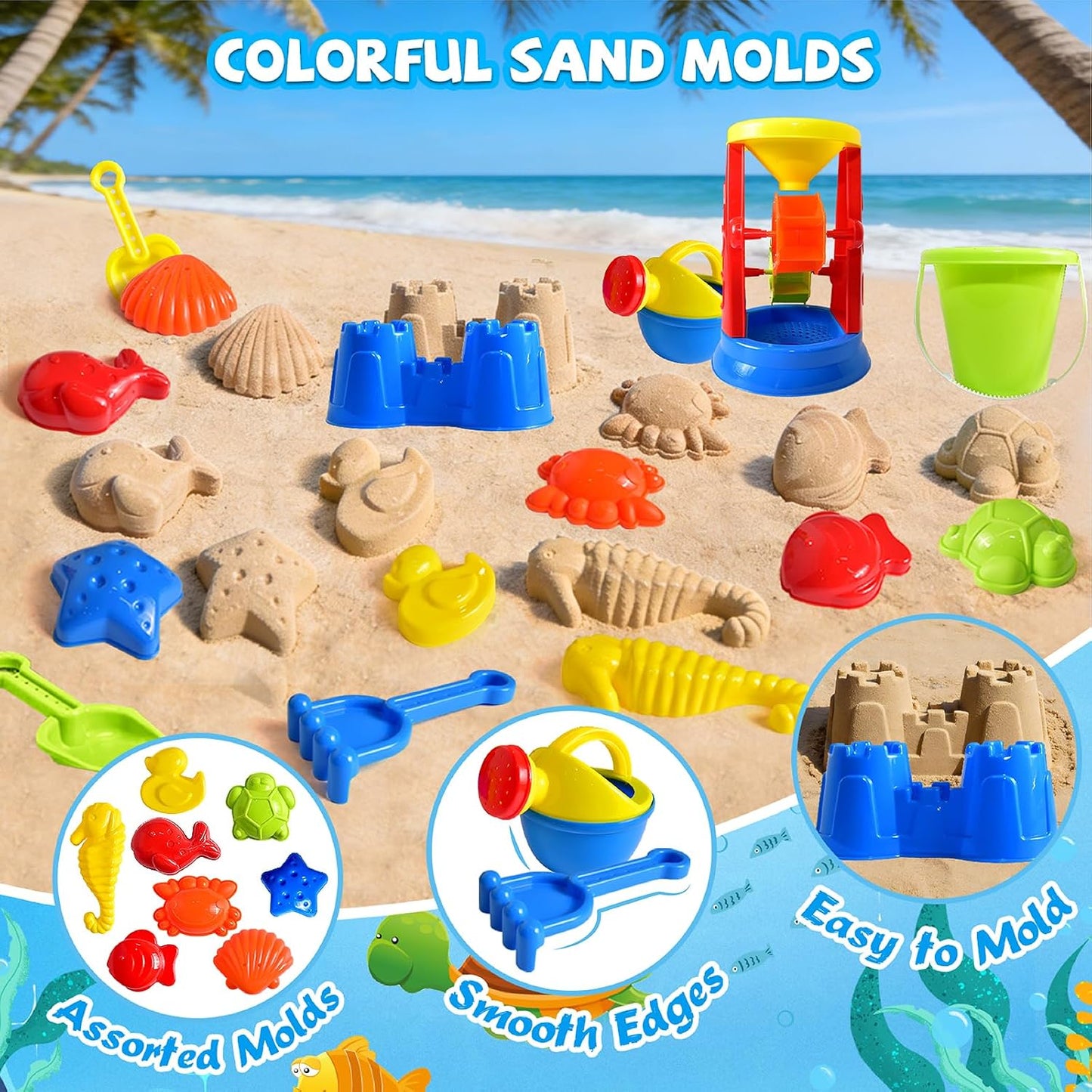 Hot Beach Toys, 19 Piece Sand Toys Set Kids Sandbox Toys Includes Water Wheel Beach Tool Kit Bucket Watering Can Molds with Mesh Bag for Kids Ages 3-13
