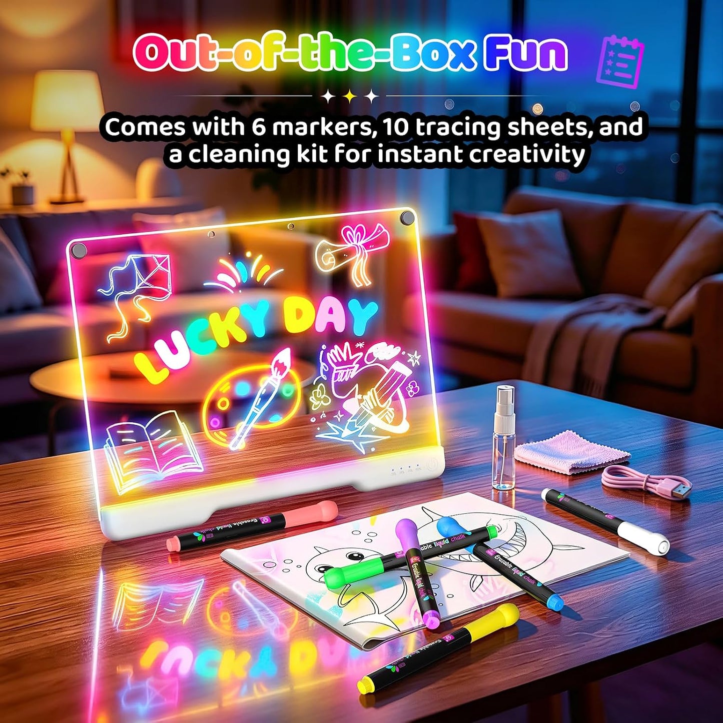 HotGeokay 16" Rechargeable LED Drawing Board, 9-Color Light Modes, Neon Art Dry Erase Light Up Doodle Glow Pad with Built-in Stand, Sketching Gift Toy for Kids/Girls/Teens, 7 Markers & Tracing Book