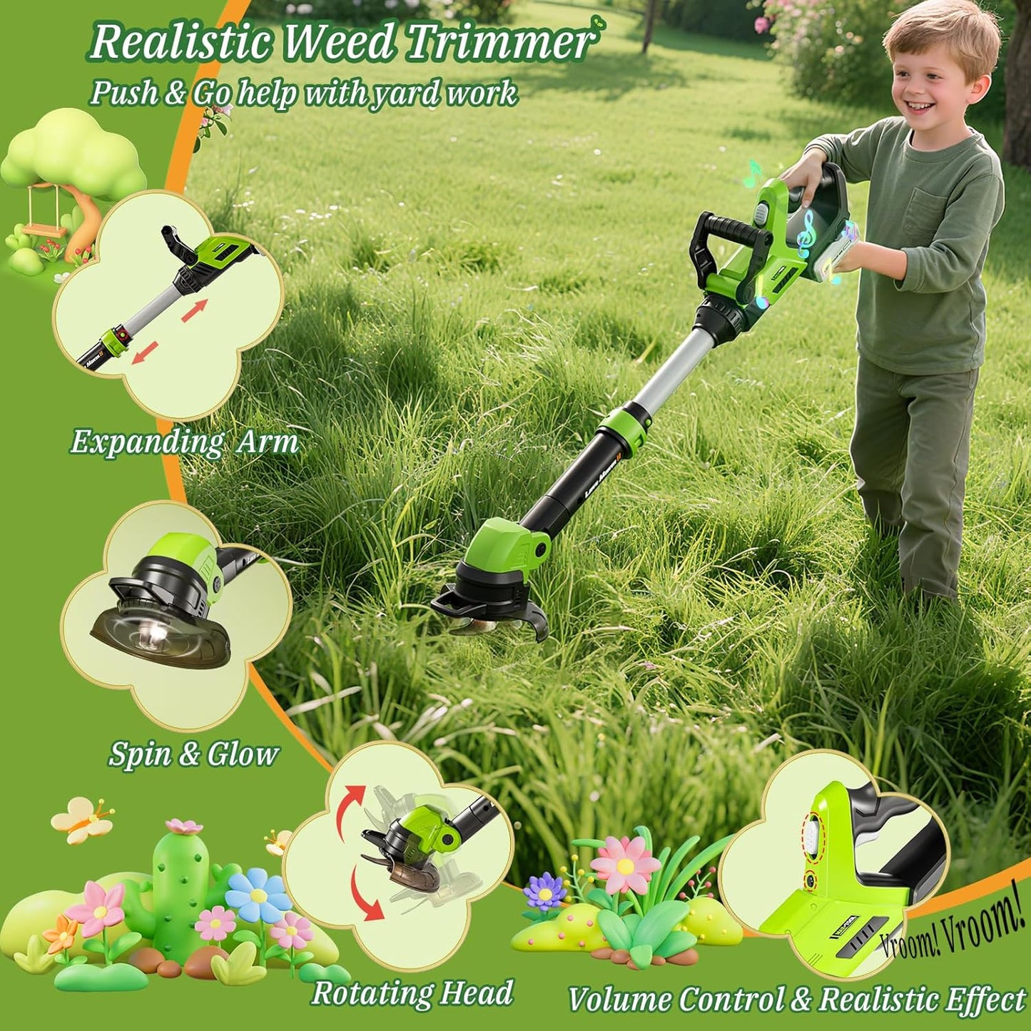 HotKids Tool Set, 3-IN-1 Toddler Power Garden Tools with Sounds & Lights, Volume+/-, Toy Weed Wacker, Leaf Blower&Hedge Trimmer, Outdoor Play Toy Tools, Christmas Birthday Gifts for Boy Toys 3 4 5 6 7 8+