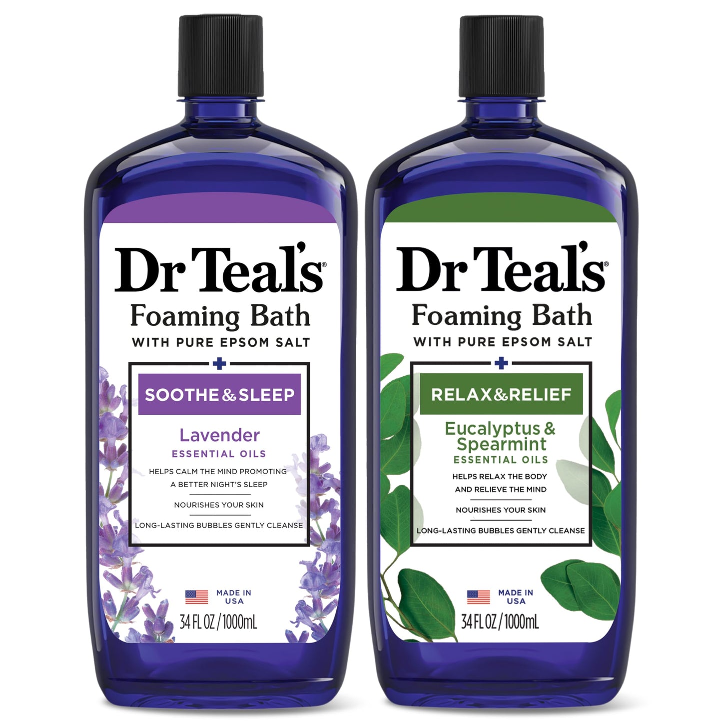 HotDr Teal's Foaming Bath with Pure Epsom Salt, Soothe & Sleep with Lavender, 34 fl oz (Pack of 2)