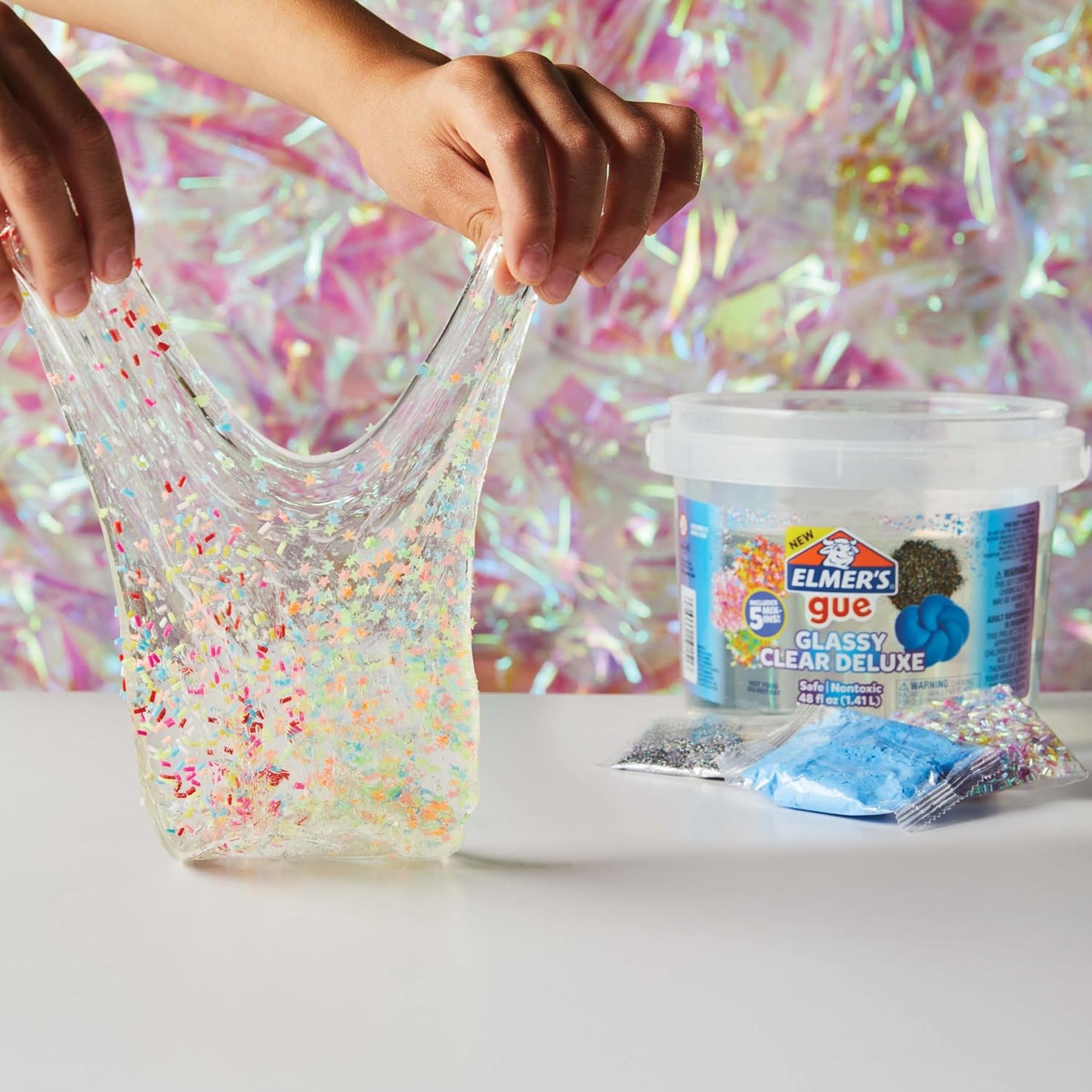 Hot Elmer's Gue Premade Slime, Glassy Clear 3 Lb. Bucket - Includes 5 Sets of Slime Add-ins