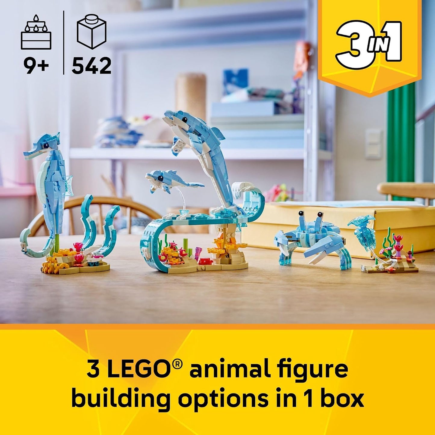 Hot LEGO Creator 3 in 1 Sea Animals: Beautiful Dolphins Building Toy for Girls, Boys, & Kids, Ages 8+ - Gift for Birthdays - Build a Dolphin, Seahorse, or Crab Animal Figure - 31385