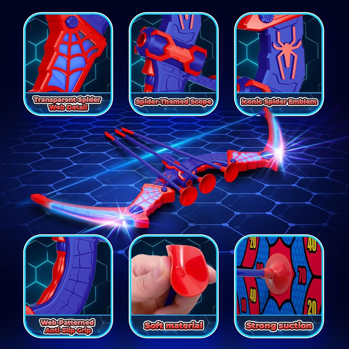 HotSpider Toys for Boys Age 3-4 4-6 6-8 8-12, Kids Toy BowArrow Shooting Set with Red & Blue LED Lights, Spider Quiver & Web Target, 8 Suction Cup Arrows, Toys Gifts for 3 4 5 6 7 8 9 10 12 Year Old Boys