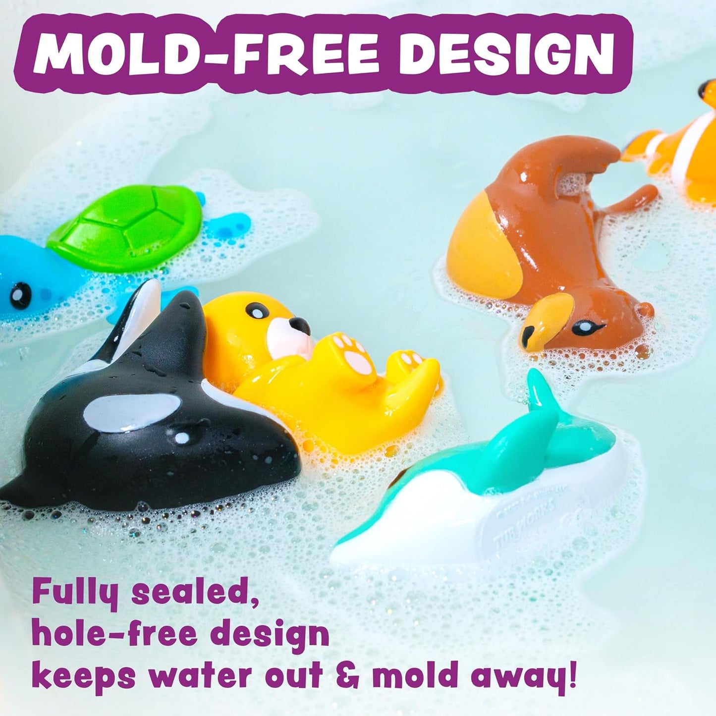 HotTub Works® Marine™ Mold Free Bath Toys, 6 Pack | Sealed, No Hole Bath Toys Design Keeps Moisture Out | Soft, Squeezable & Float on Water | Easy-Grip Baby & Toddler Bath Toy Set | Great Baby Pool Toys