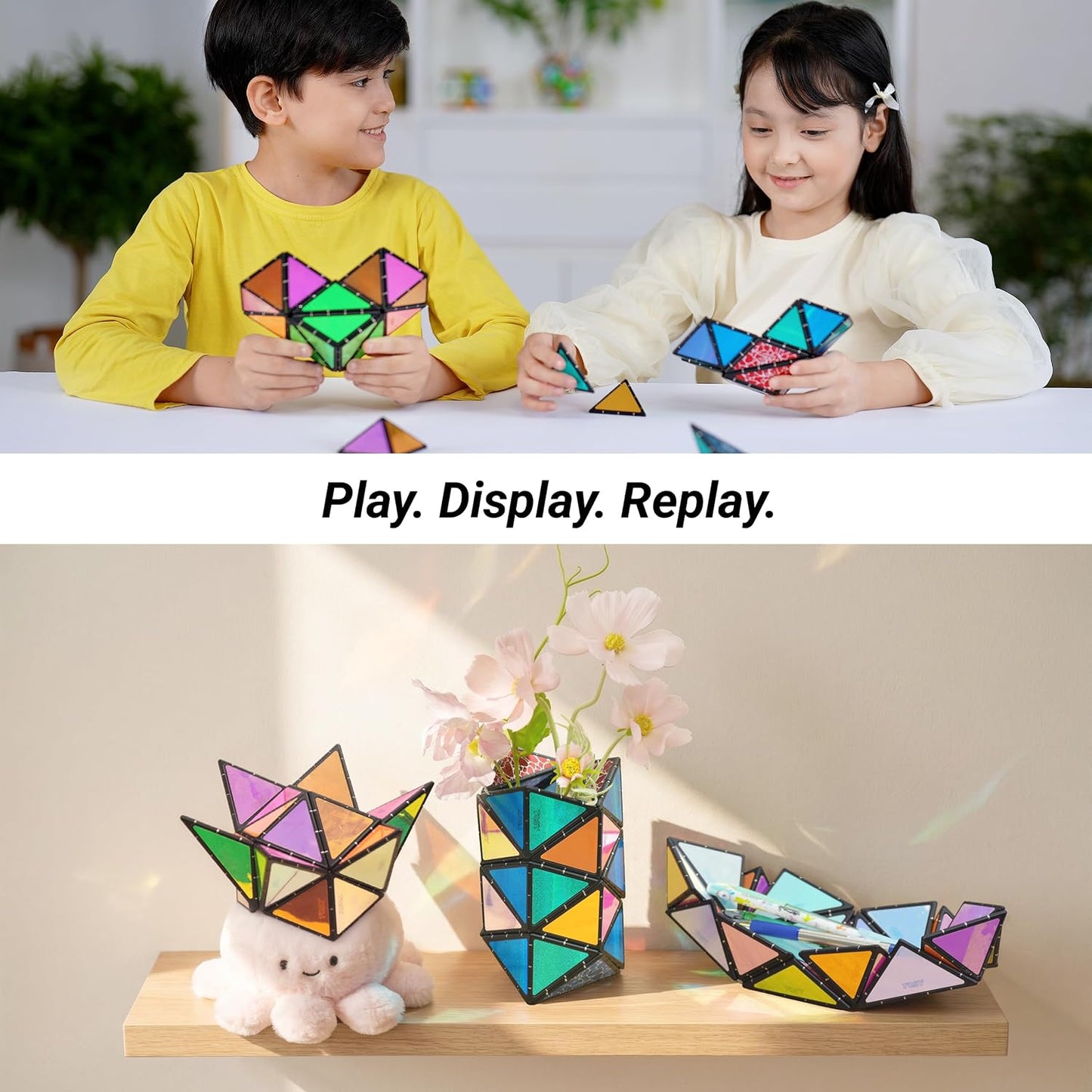 HotTOSY Magnet Pyramid Stone - 1 Cube Transforms into 1 Billion Shapes, 12 Pieces, 243 Rare Earth Magnets, Holographic Design Magnet Tiles Creative Puzzle STEM/STEAM Toy