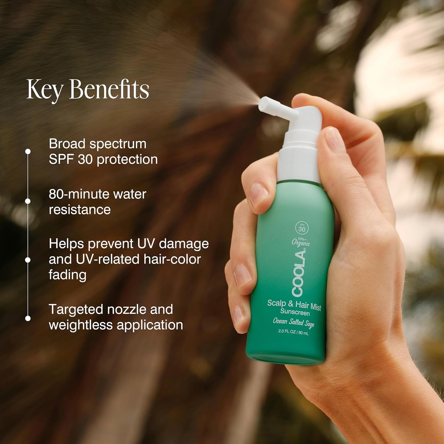 HotCOOLA Organic Scalp Spray & Hair Sunscreen Mist with SPF 30, Dermatologist Tested Hair Care for Daily Protection, Vegan and Gluten Free, Ocean Salted Sage, 2 Fl Oz