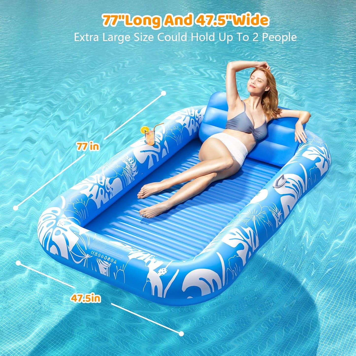 HotInflatable Tanning Pool Lounger Float with Sprinkler, 77" x 48" Pool Floats Adult with Pillow, 6 in 1 Suntan Tub Raft Floatie with Drink Holder Sunbathing Water Lounge
