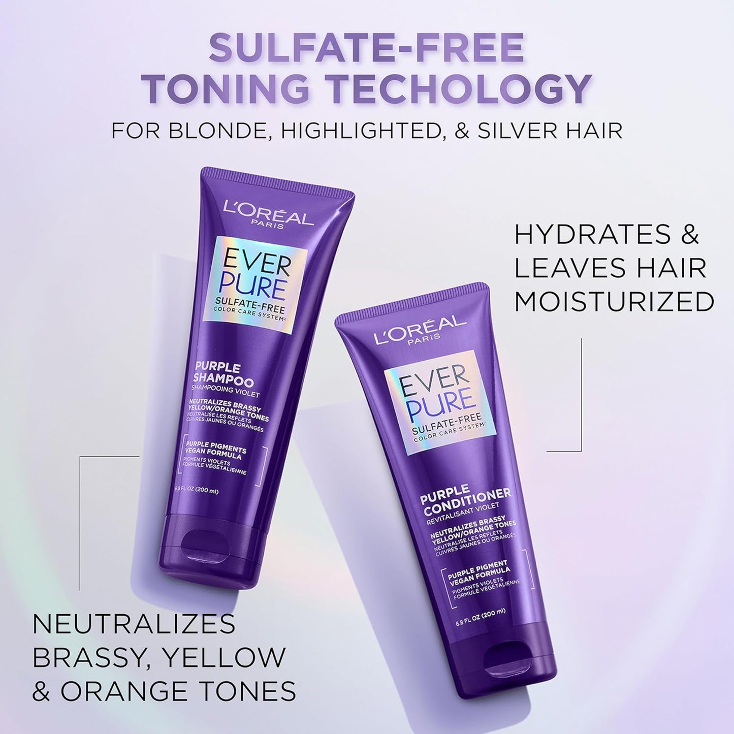 HotL'Oreal Paris EverPure Purple Shampoo and Conditioner Set, Sulfate-Free Brass Toning for Blonde, Bleached, Highlighted, Silver or Gray Color-Treated Hair, 13.6 Fl Oz Set
