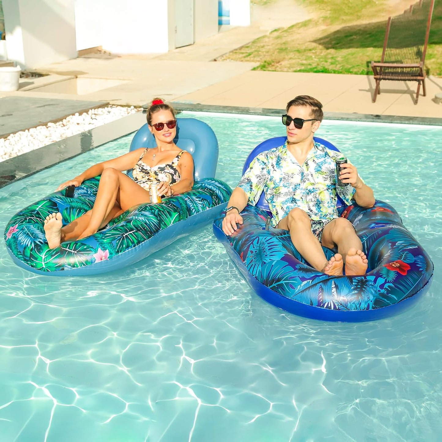 HotFindUWill Pool Floats Chairs Adult - 2 Pack 65'' x 42'' Large Pool Float Chairs, Inflatable Pool Lounger with Cup Phone Holder, Backrest, Footrest, Tanning Pool Lounge