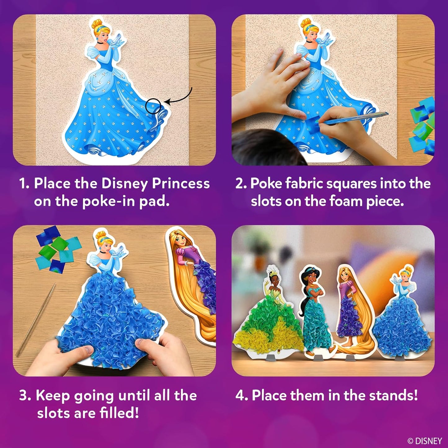 HotSkillmatics Poke-in Art – Disney Princesses, Mess-Free DIY Wood Craft Kit | Screen-Free Entertainment, Fun Colorful Creative Activity for Kids, Cinderella, Ariel, Gifts for Girls Ages 4, 5, 6, 7, 8, 9