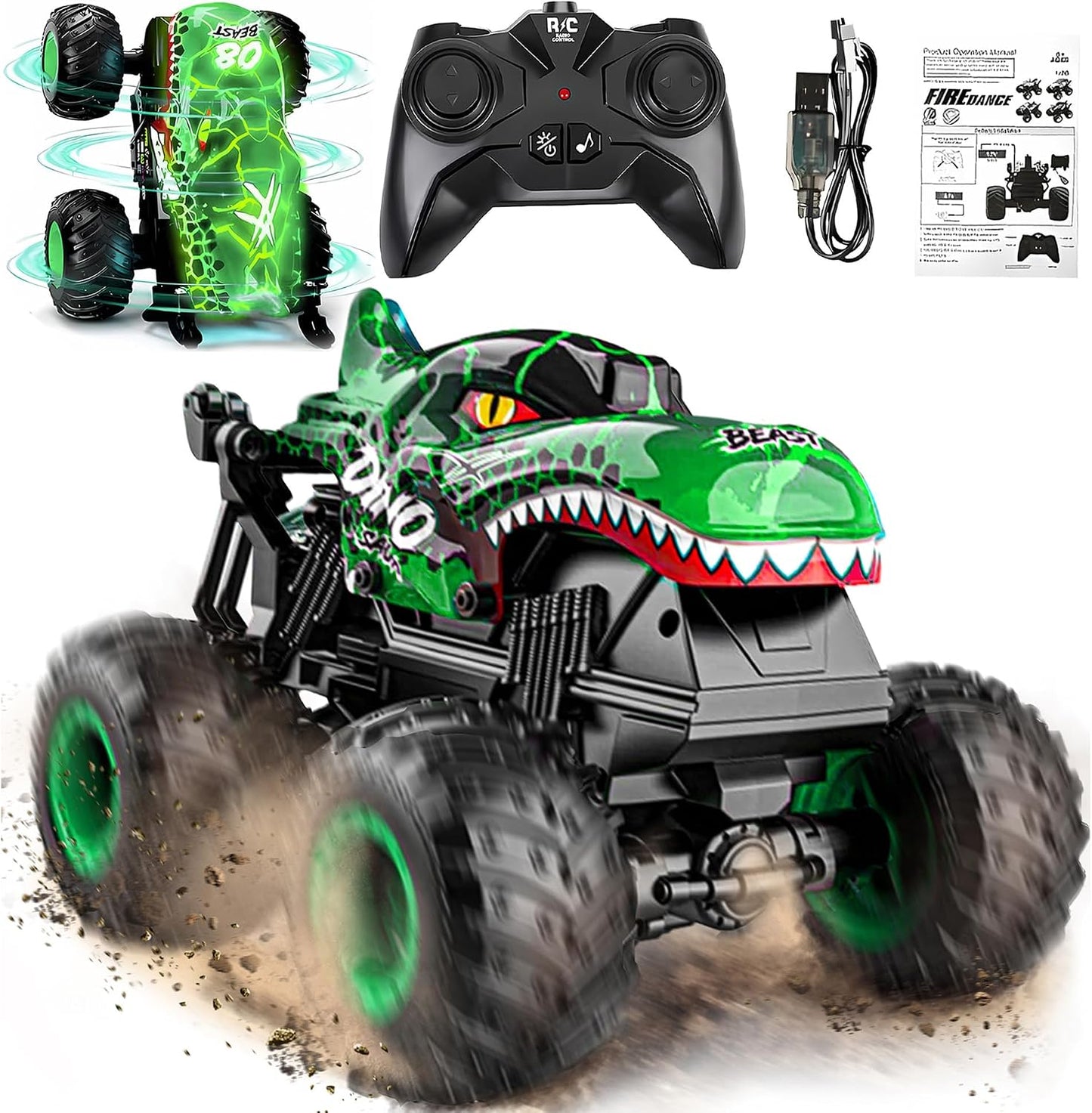 HotBEZGAR Monster Truck Toys - Remote Control Monster Truck with Light & Music, Dinosaur Toys for Kids, 1:20 Scale RC Truck with 360° Spins and Drifting, Remote Control Car for Boys 4-7