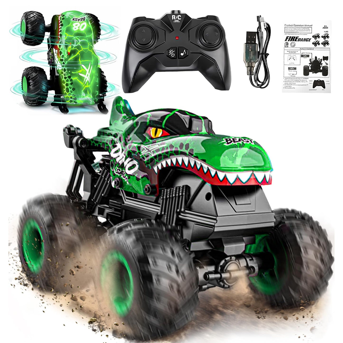 HotBEZGAR Monster Truck Toys - Remote Control Monster Truck with Light & Music, Dinosaur Toys for Kids, 1:20 Scale RC Truck with 360° Spins and Drifting, Remote Control Car for Boys 4-7