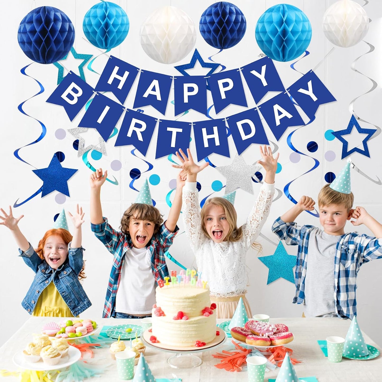 Hotmeowtastic Birthday Decorations Happy Birthday Banner with Honeycomb Balls | 16pcs Birthday Set: 1 Banner+6 Honeycomb Balls+8 Star Spirals+1 Circle Dots, Happy Birthday Decor - Blue